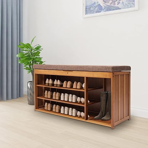 Miniatura 4 de CeRaBuRET Taburete multifuncional de tres capas para cambiar zapatos bambú natural soporte para zapatos de tablero compuesto taburete marrón para