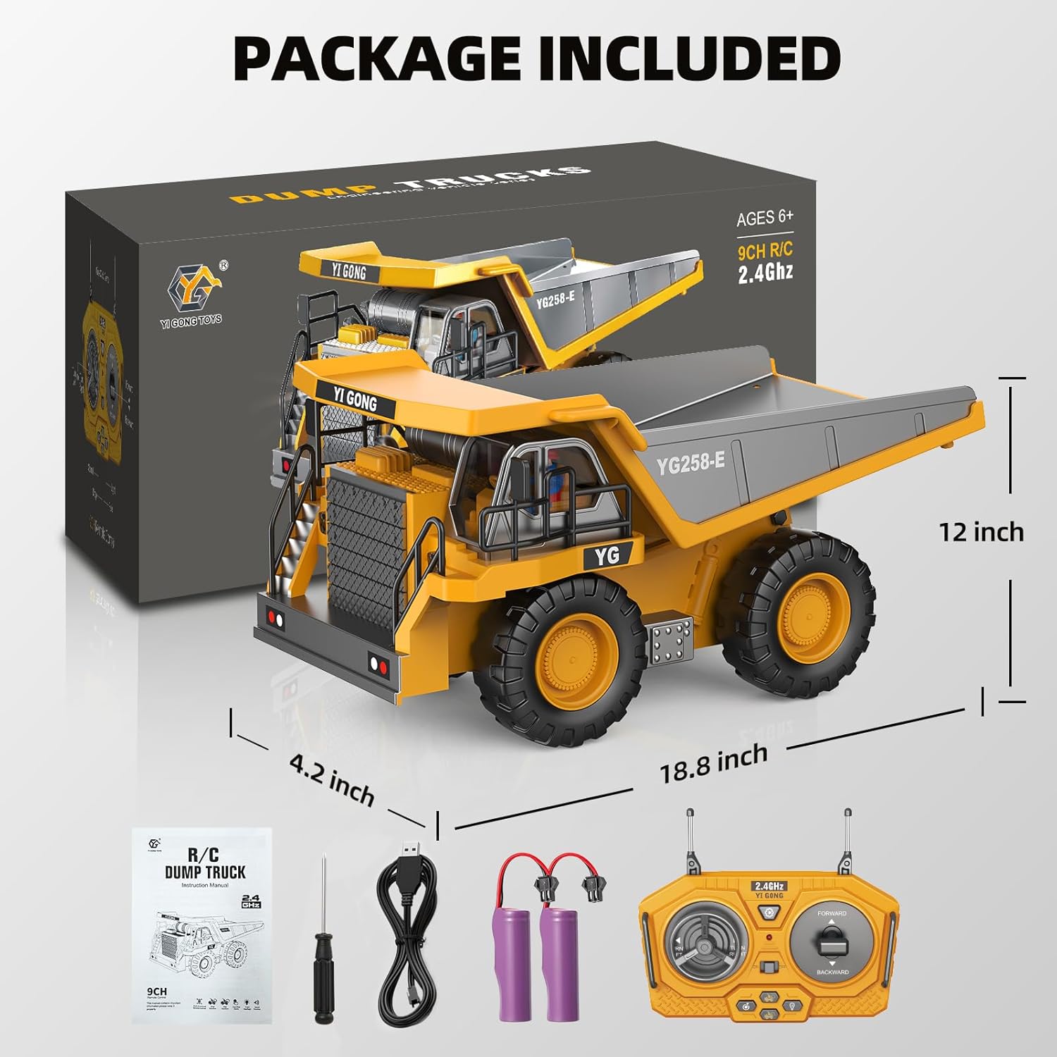 9-Channel RC Dump Truck Toy, 2.4GHz Remote Control Truck with Metal Bed, Light & Sound, ​2 Rechargeable Batteries, Construction Vehicle for Kids Boys Girls Ages 3-12