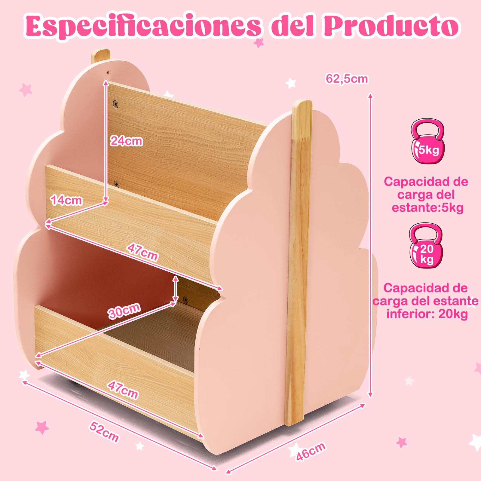 COSTWAY Estantería Infantil de Madera con Ruedas, Librería para Niños de 2 Niveles, Estantería para Juguetes, Multifuncional Organizador de Libros para Salon, Dormitorio de los Niños (Rosa)