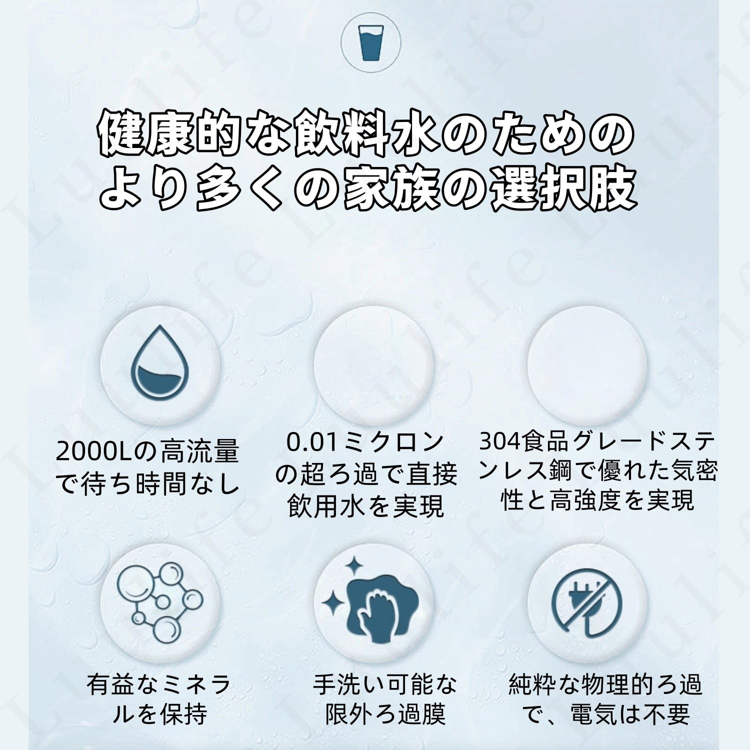 Luulife井戸水浄水器逆浸透水ろ過システム 浄水フィルター过滤 304 ステンレス鋼 高流量 手洗い可能 電気不要 簡単設置 家