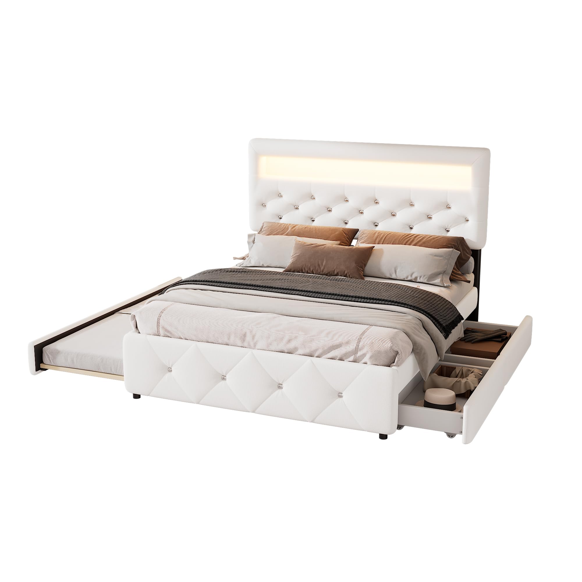 Moimhear Gestoffeerd bed 140 x 200 cm met uittrekbed en laden, huidvriendelijke linnen bekleding, tweepersoonsbed, kinderbed, tienerbed, logeerbed (beige
