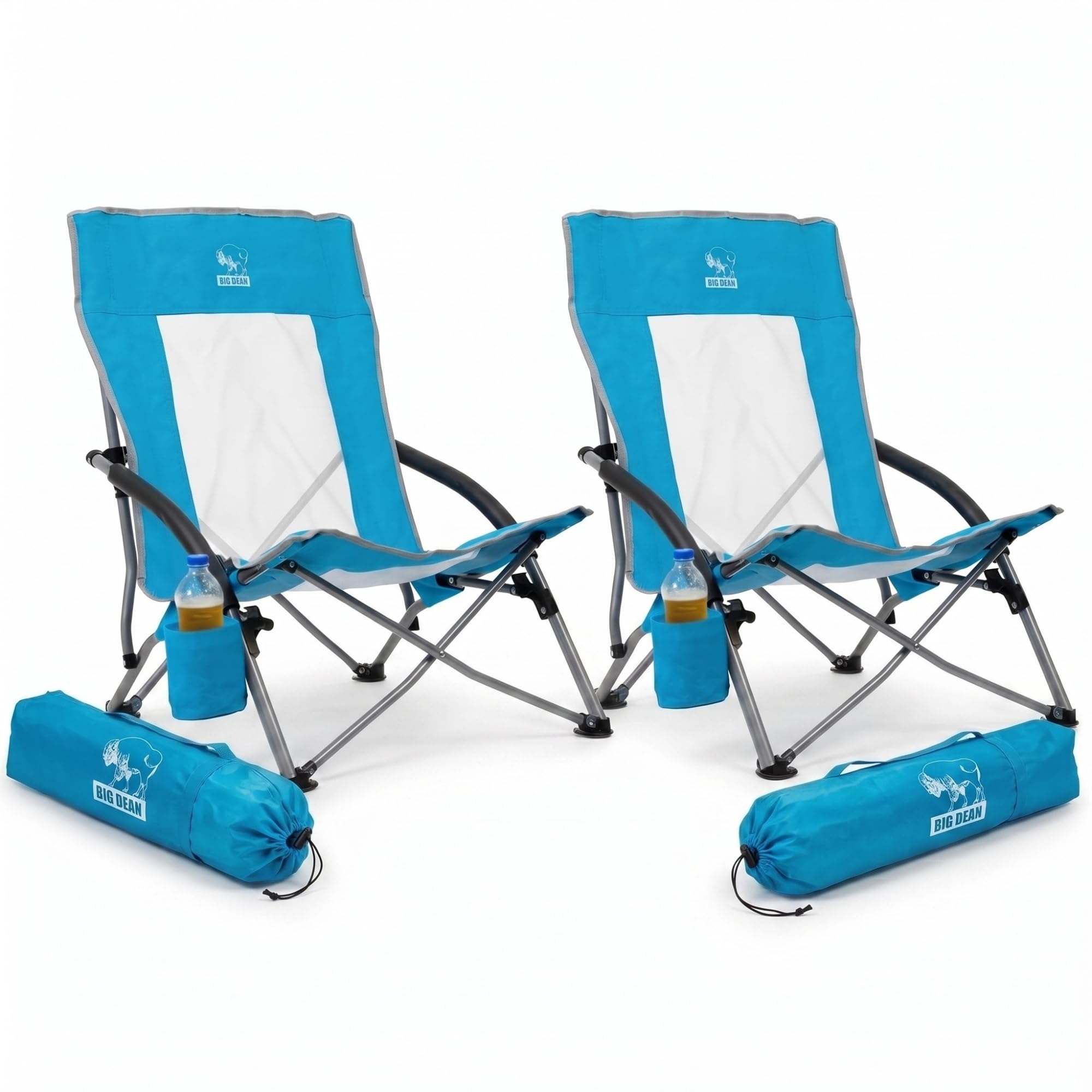 BigDean Lot de 2 chaises de plage pliantes, très légères, pour camping, jusqu'à 150 kg | Chaise basse pliante en maille respirante avec porte-gobelet, pour plage, jardin