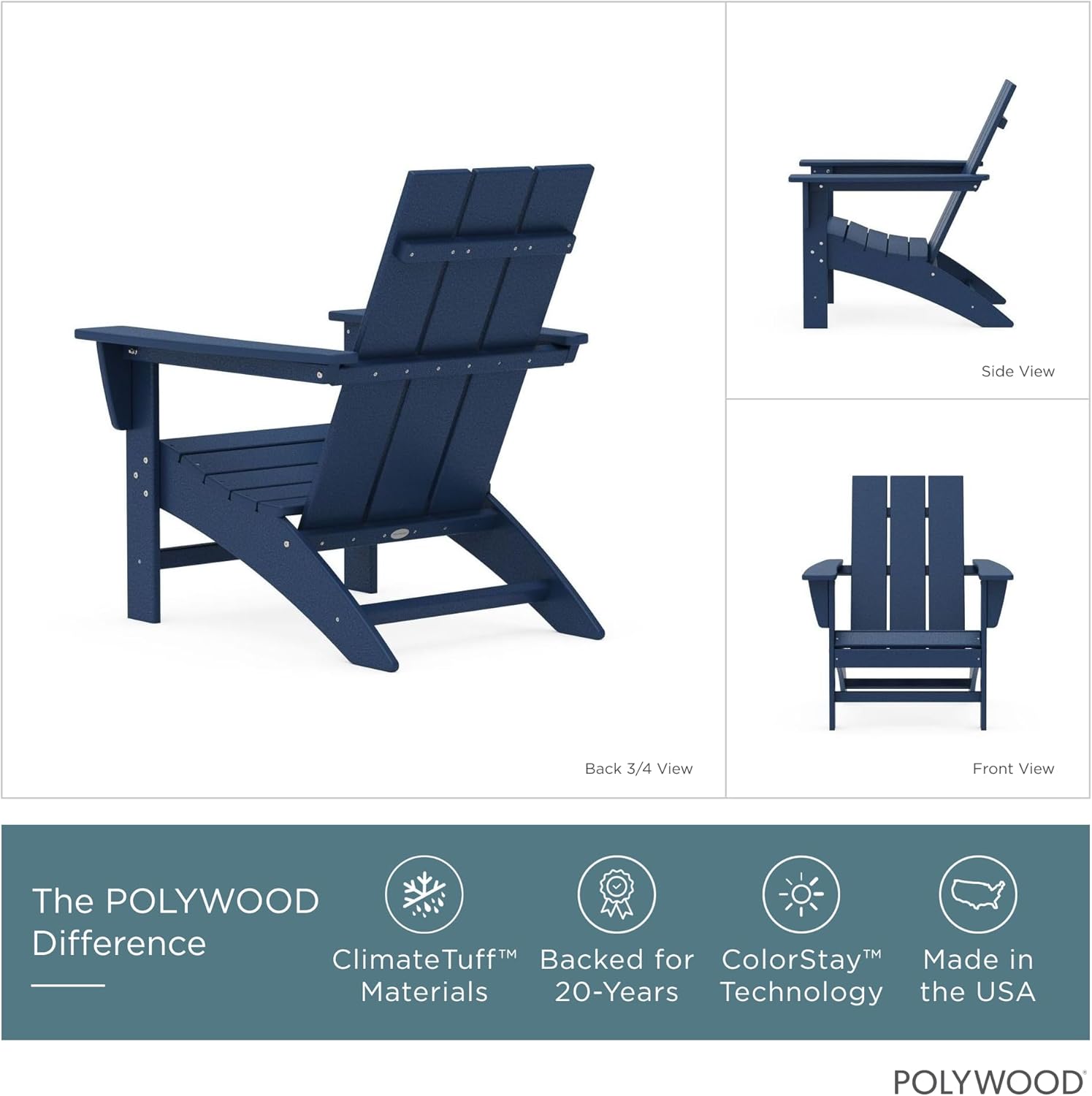 POLYWOOD Modern Adirondack Chair – All-Weather Outdoor Lawn Adirondack Chairs – HDPE, Fade-Resistant & Durable Outdoor Furniture – For Patio, Deck & Fire Pit Chairs – Navy