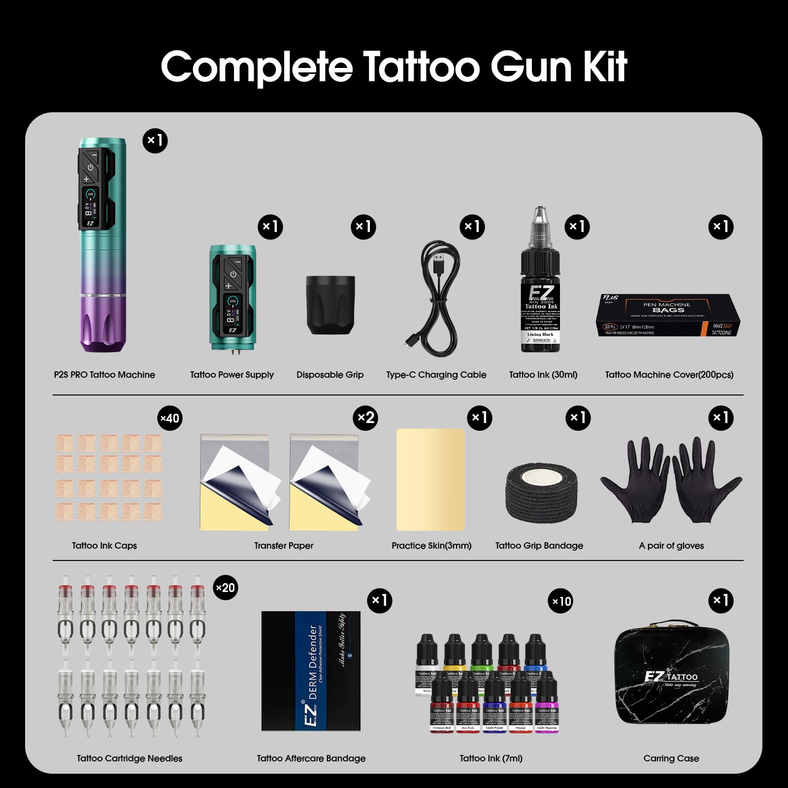 EZ P2S Pro Tattoo Maschine Set - Tattoo Set mit Kabelloser Tattoo Maschine, 1800mAh Stromversorgung Akku, 20 Stück Tattoo Nadeln and 11 Farben Tinten für Tattoo Anfänger und Künstler (Violett Blau)