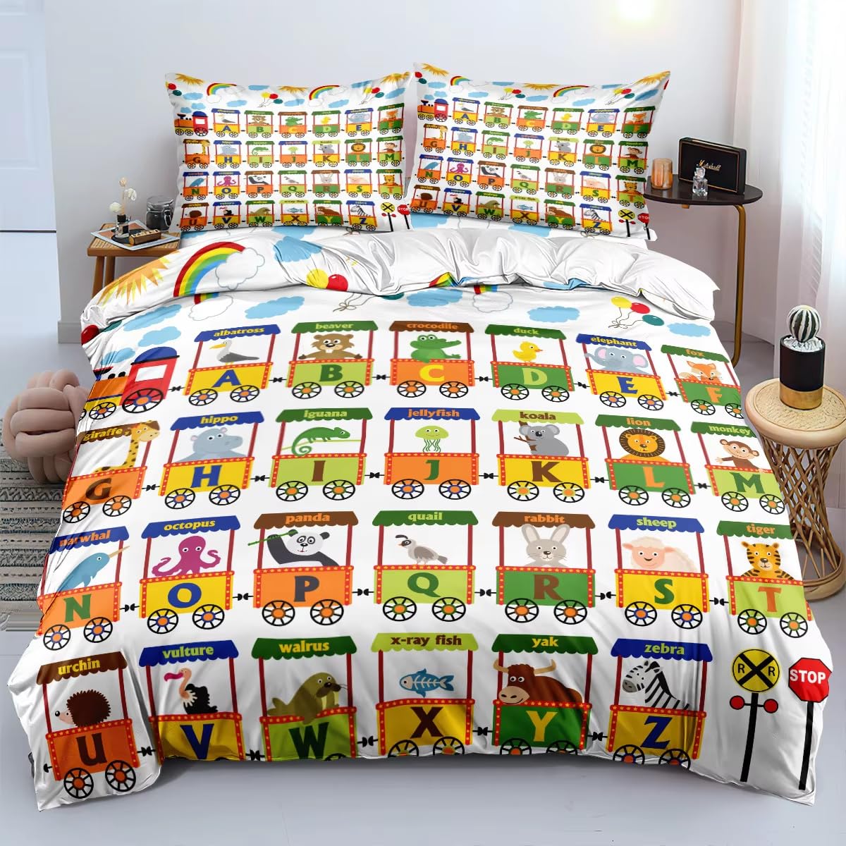 Housse de Couette 200x200 Train Animé avec 2 Taies d'Oreiller