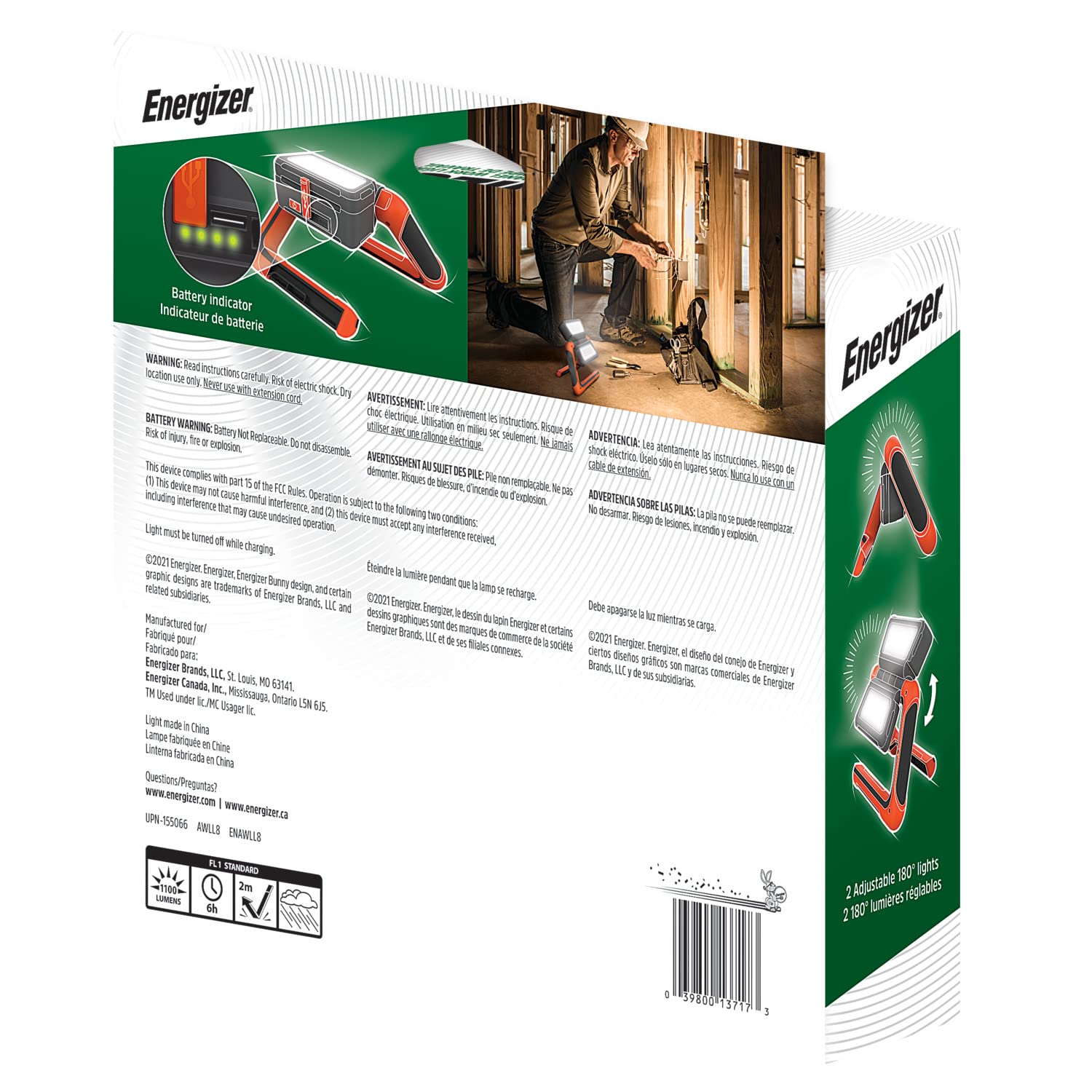 Energizer ENAWLL8 ENAWLL8 - Lanterna LED ricaricabile, luce da lavoro multi-pannello, resistente all'acqua, da campeggio, con cavo di ricarica micro-USB, colore: arancione/grigio, compatto