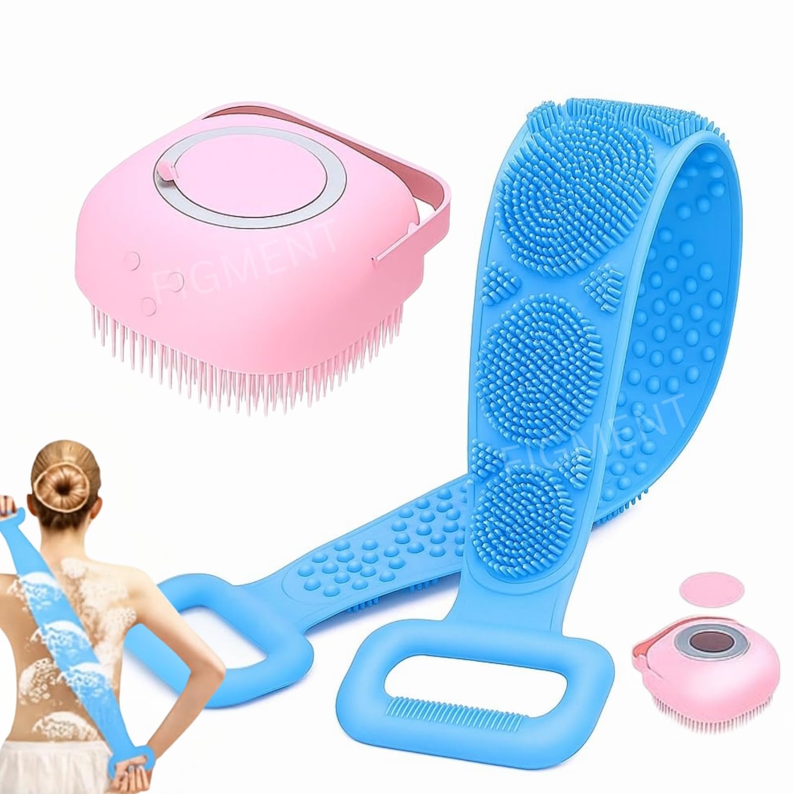 FIGMENT Silicone Body Back Scrubber - Blue Double Side Bathing Brush for Skin Deep Cleaning Massage | Dead Skin Removal Exfoliating Belt for Shower| Back Body Scruber-image-40