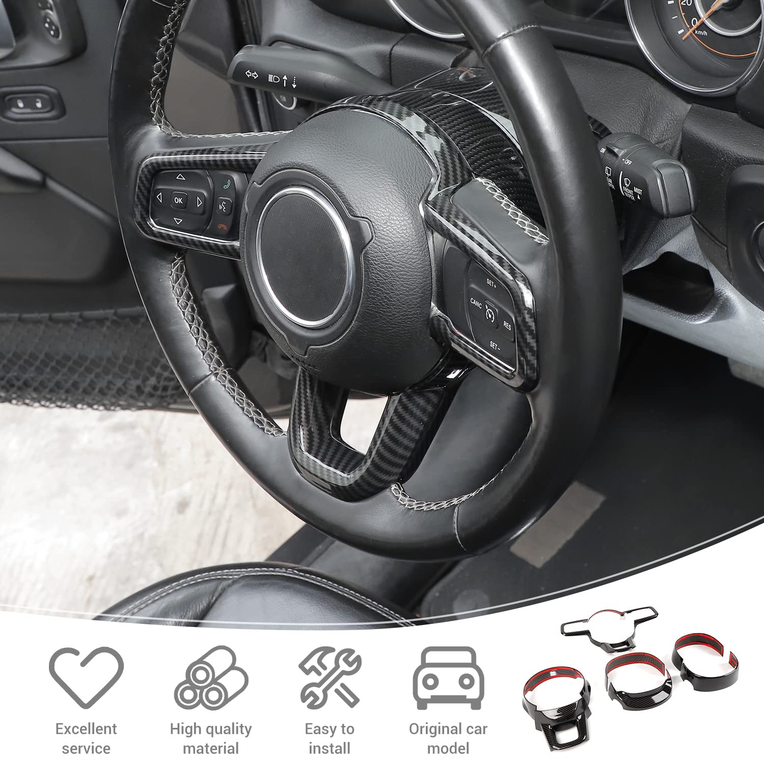 PDKLIN Steering Wheel Trim Cover for 2018-2023 Jeep Wrangler JL JLU/Gladiator JT, Steering Wheel Base Upper/Lower Interior Decoration Accessories 7pcs, Carbon Fiber Grain