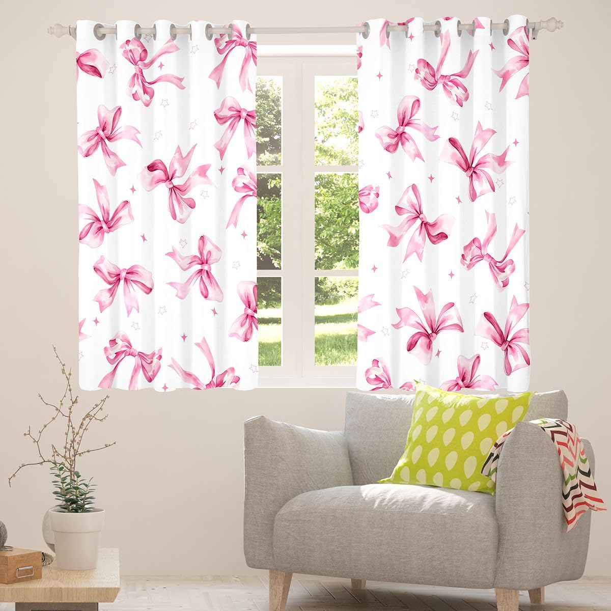 Homewish Akwarelowe zasłony zaciemniające z kokardą, 132 x 160 cm, do sypialni, różowa, urocza kokarda, , zasłony na przelotkach do salonu, kawaii, wzór w gwiazdki, kreskówka, 2 panele