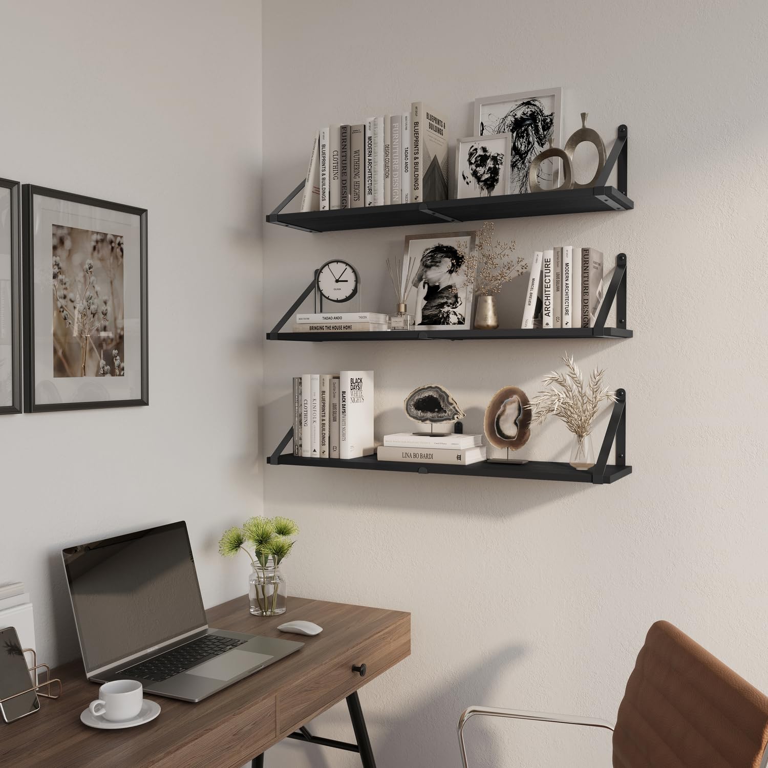 CASSA ZENO Estantes Flotantes de Pared para Libros Juego de 3, Estante de 80cm x 20cm para Dormitorio Sala de Estar Oficina Baño Cocina Madera Rústica con Soporte de Metal (Negro)