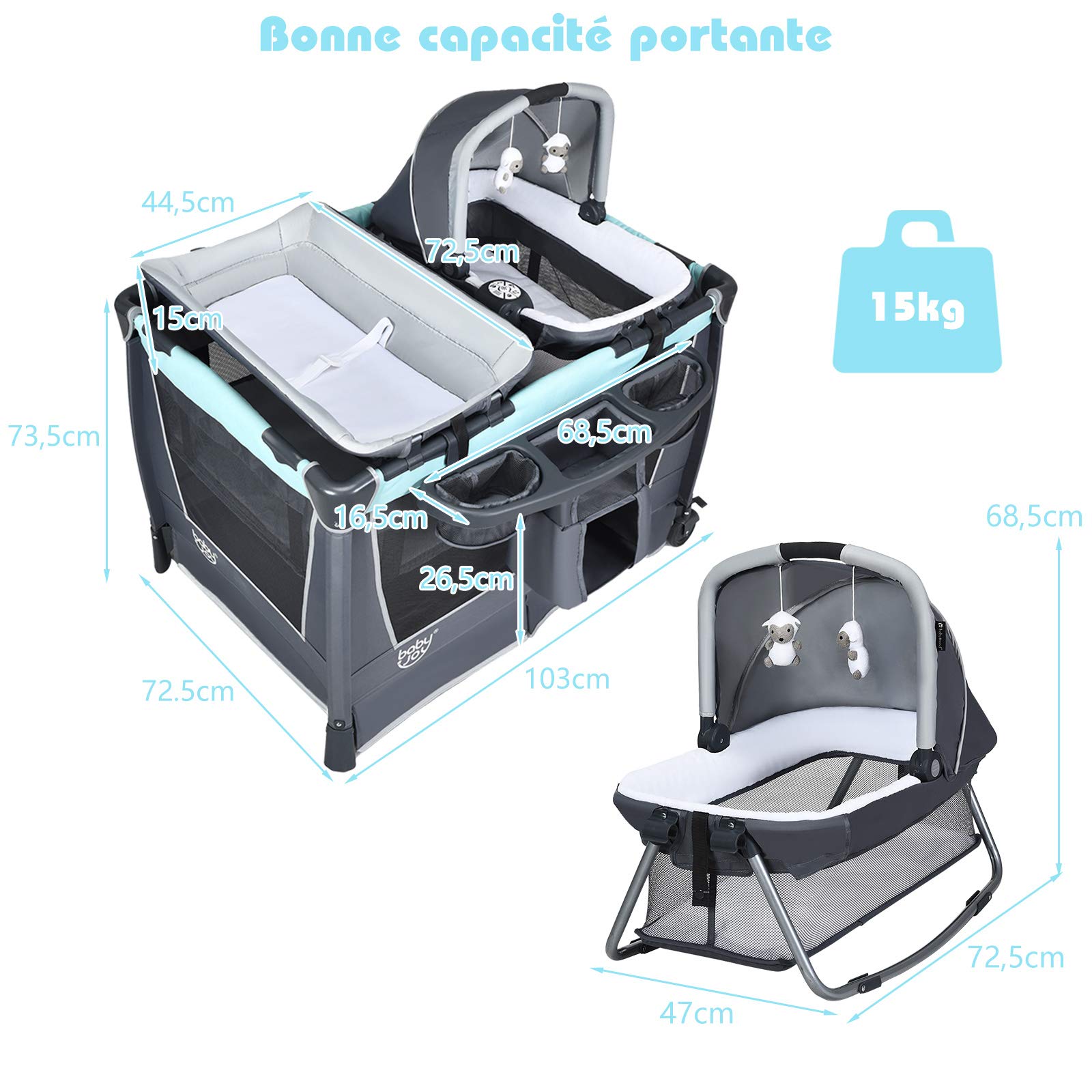GOPLUS Lit Parapluie, Lit Bébé Pliable en Tissu Oxford avec Frein et Accessoires-Table à Langer, Panier, Jouets, Centre Musical et Sac de Transport pour Bébé 0-36 Mois, Vert