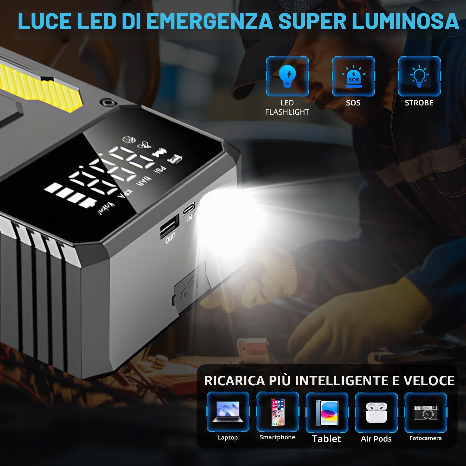 Avviatore di emergenza portatile per auto, con compressore d'aria da 6000 A, caricabatterie, avviatore di emergenza, con torcia LED e display a LED (giallo)