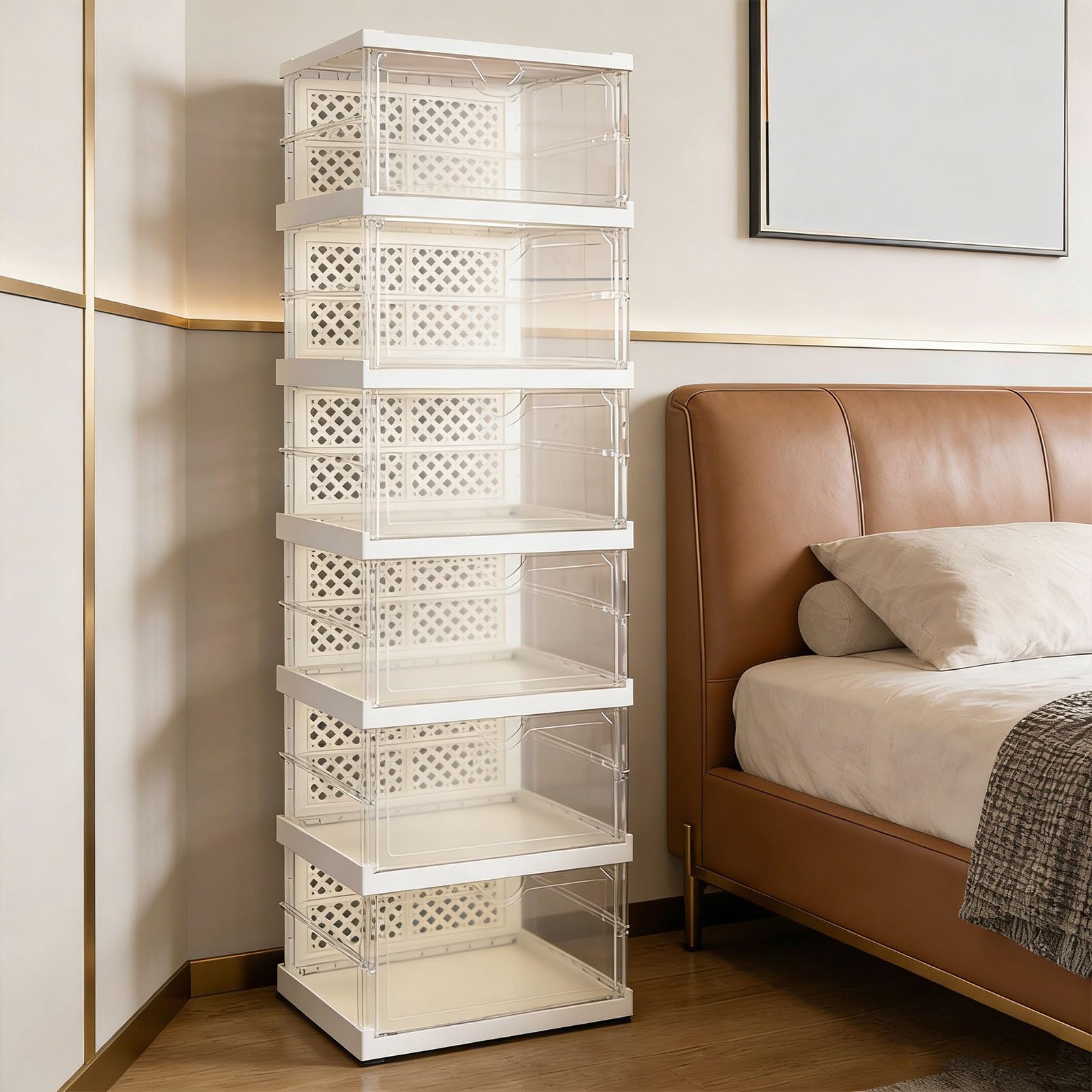 Caja de Zapatos Apilable con Diseño de Plegado Rápido, Caja Contenedor de 100 Libras de Capacidad, Organizador de Puerta Transparente, Se Adapta a Calzado de hasta Tamaño 12, (6 niveles)