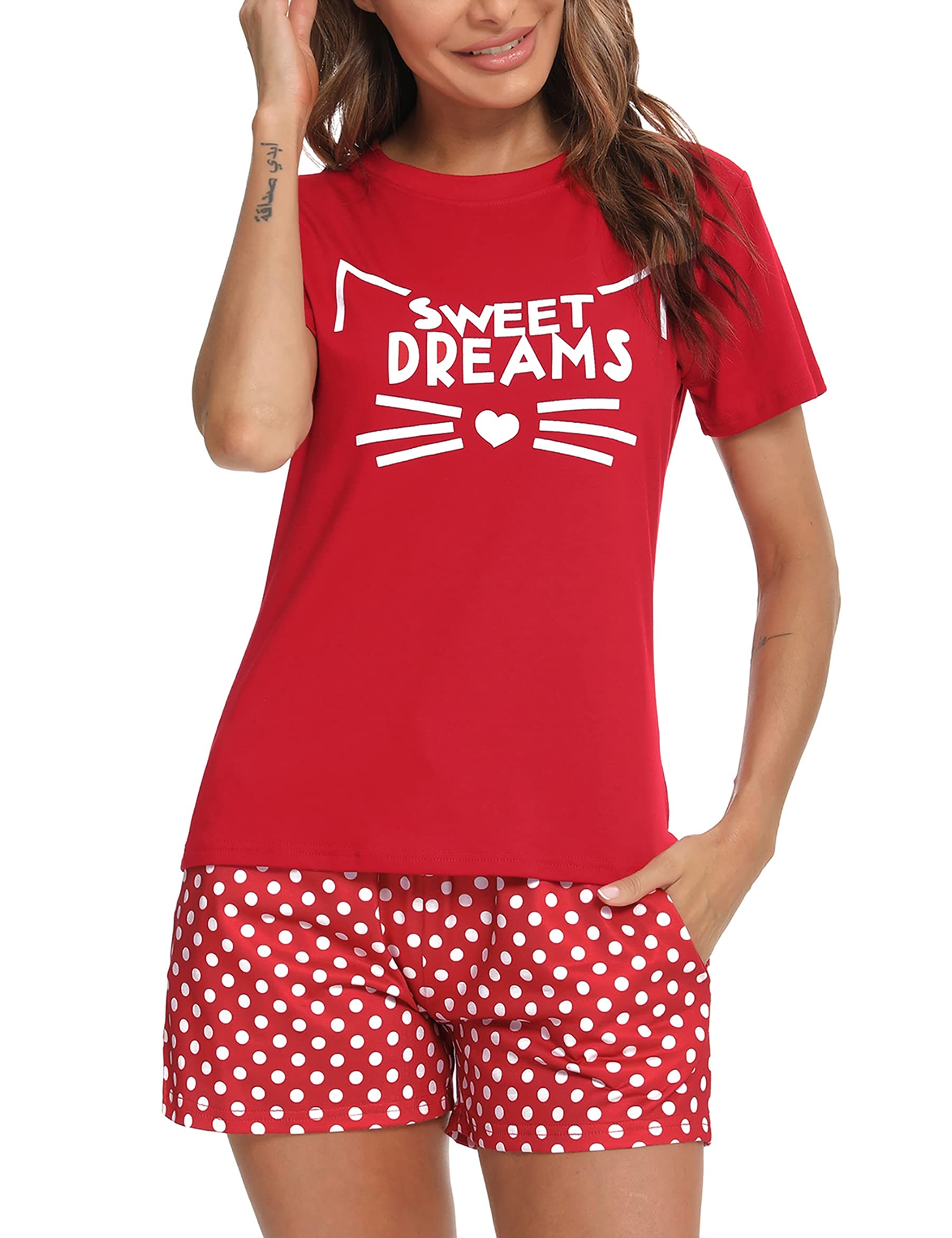 Uniexcosm Pigiama Donna Corto, Pigiama Gatto Donna Pigiama Donna Cotone Leggero con Girocollo Pigiama Donna Due Pezzi con Tasca Comode Estivo Adatto Casuale a Casa