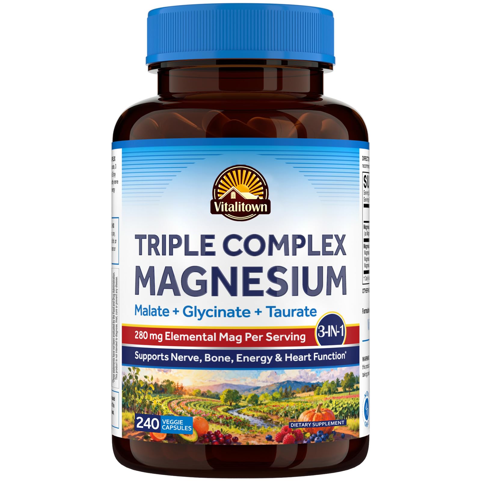 Vitalitown Triple Magnesium Complex, 280mg, Magnesium Glycinate, Malate & Taurate, Gentle & High Absorption, Bone Heart Nerve Support, Vegan, Non-GMO, 240 Capsules