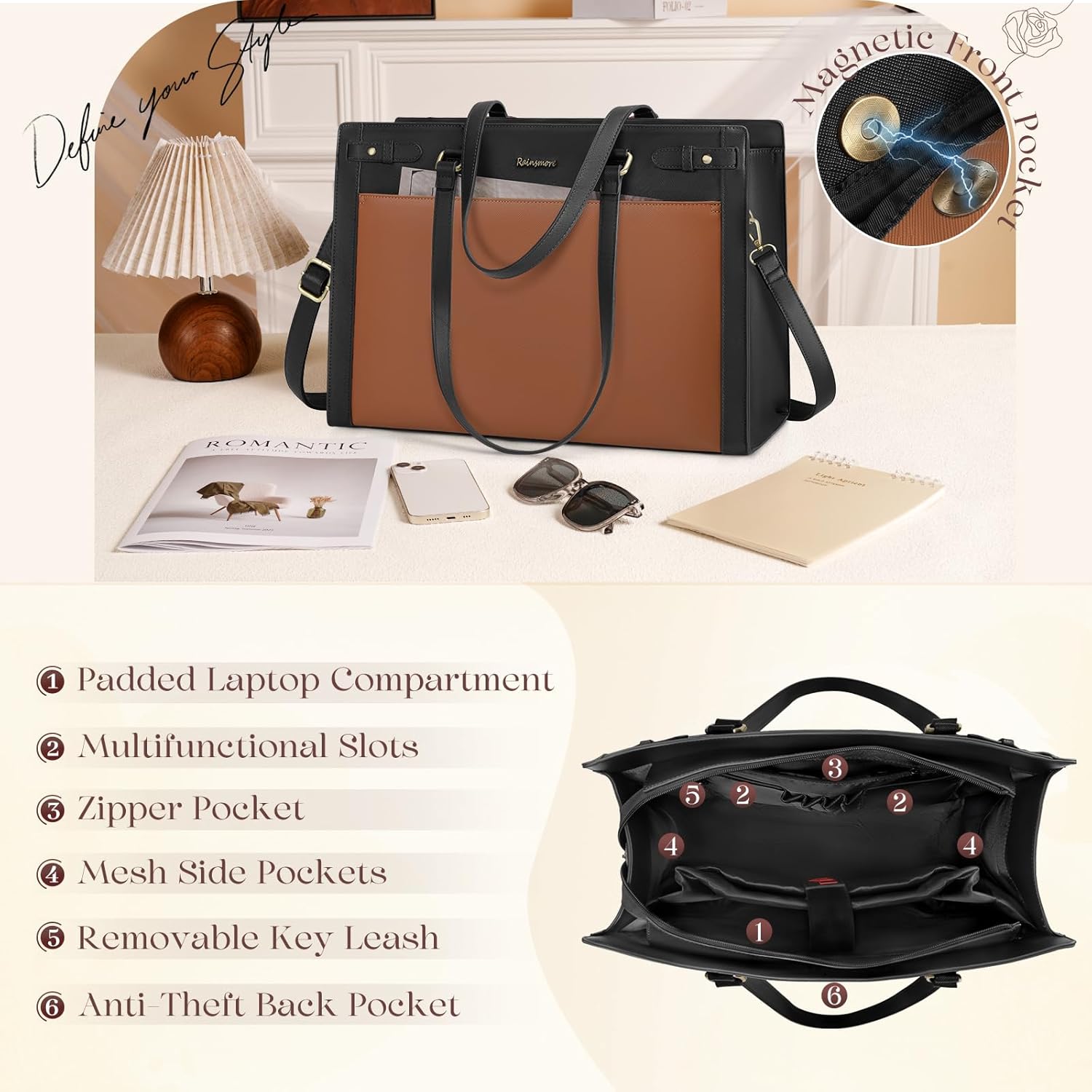 RAINSMORE Laptop Bag for Women 15.6 Inch PU Vegan Leather Work Tote Bag Waterproof Womens Briefcase Designer Computer Bags for Office Teacher College Travel Large Tote Purse Professional Black & Brown - Image 3