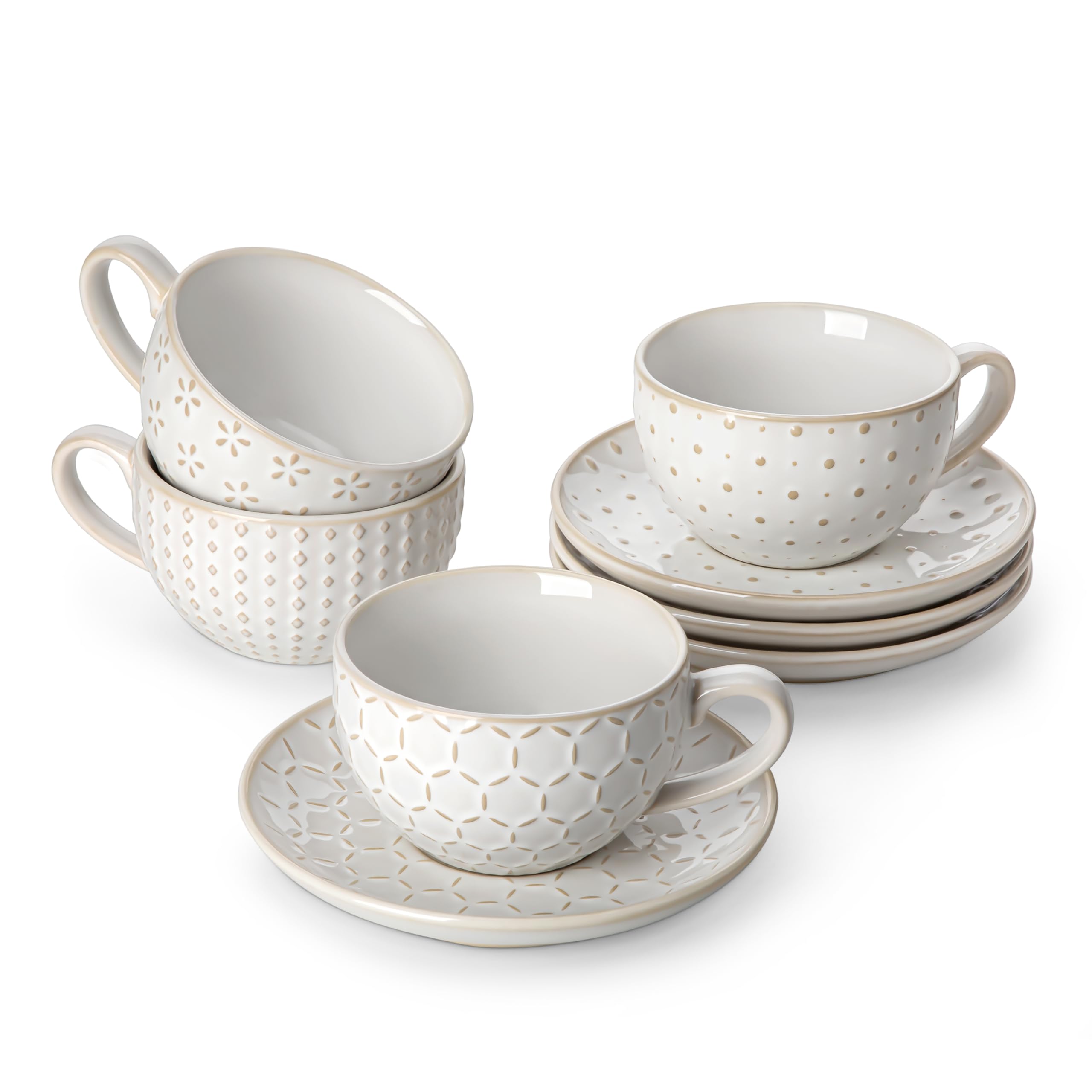 Malacasa White Cups With Saucers Set, 8Oz/240Ml, Stackable Espresso And Tea Cups Set For 4, Porcelain Small Espresso Coffee Cup Set, Ceramic Mugs For Latte, Cappuccino And Americano, Serie Lydia