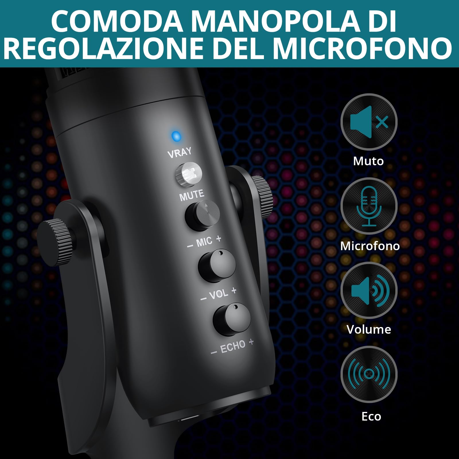 Microfono USB Professionale con Riduzione Rumore Intelligente & Base in Lega Antiscivolo - Compatibile PC/Smartphone per Streaming, Registrazione, Canto (Cuffia 3.5mm Inclusa)