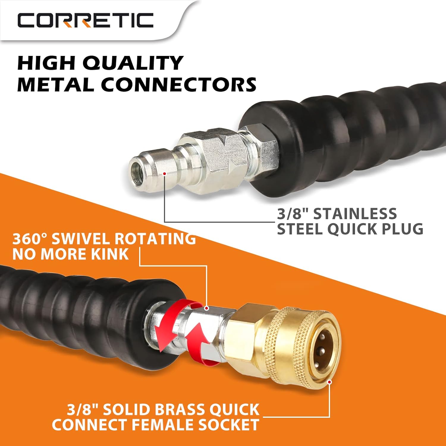 Pressure Washer Hose 50 FT with 3/8 Inch Quick Connect, 4000 PSI Kink Resistant Power Washer Hose Replacement, High Tensile Wire Braided and Rubber Jacket