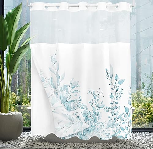 Miniatura 2 de Tititex Juego de cortinas de ducha sin ganchos a presión, diseño de hojas de eucalipto azul claro, doble capa, tela impermeable y transparente para