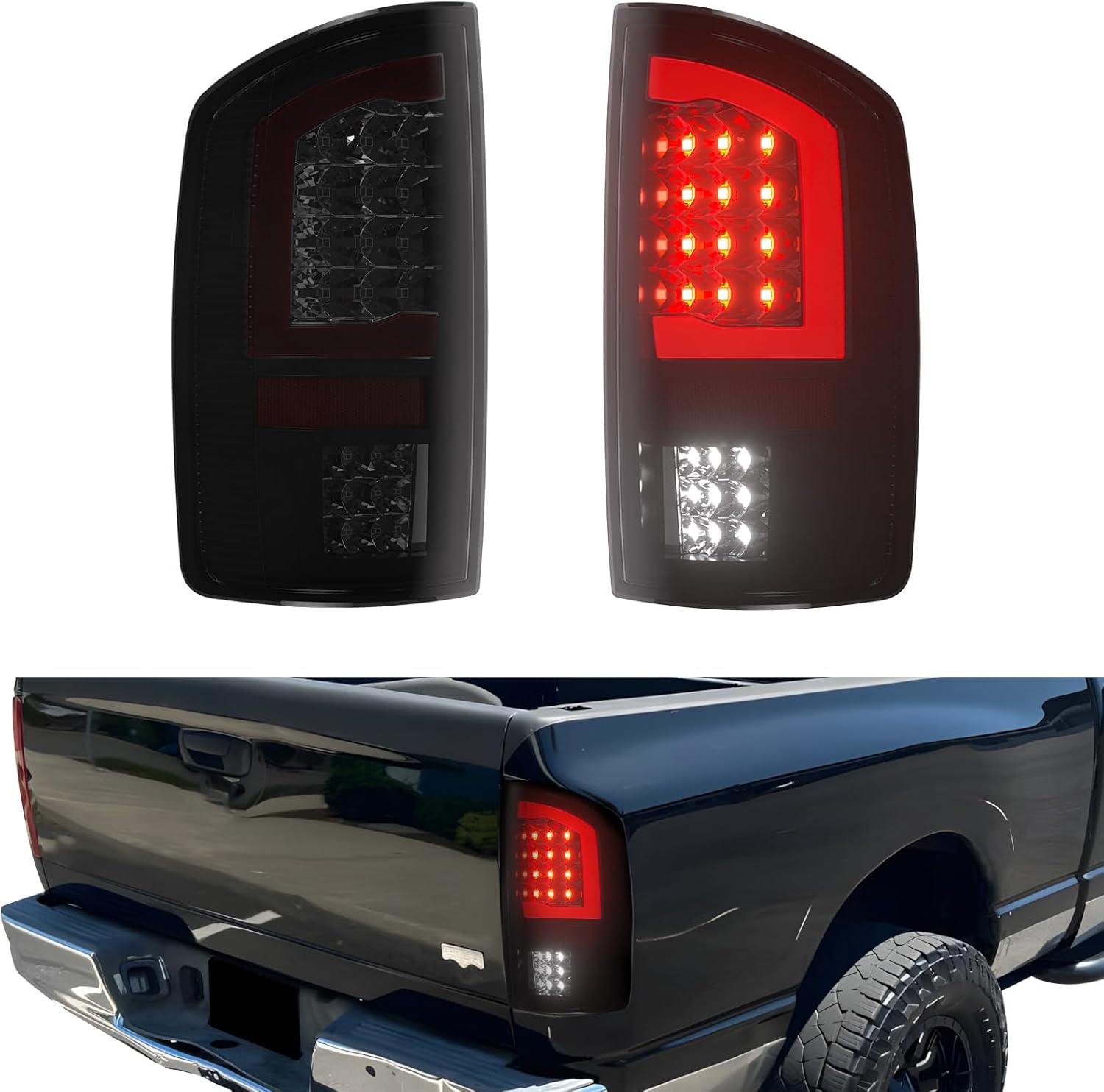 LED Tail Lights for 2002-2006 Dodge Ram 1500, 2003-2006 Ram 2500 3500, Smoked Lens Rear Brake Lamps Driver & Passenger Side for Halogen Models Only, Replaces 55077347AF / 55077348AF