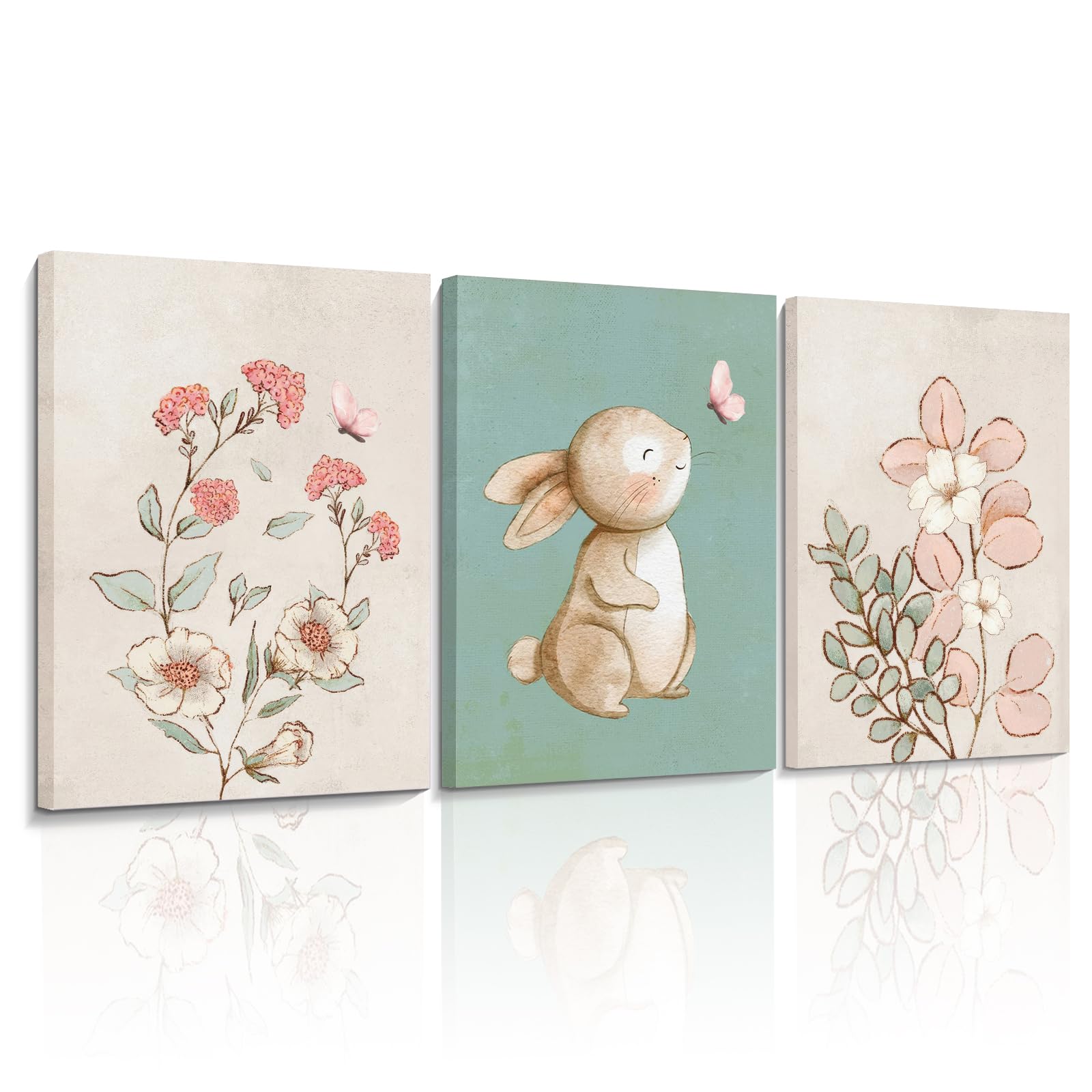 Dytila Framed Nursery Wall Art Set of 3, Pink Flower Botanical Pictures Wall Decor, Green Bunny Paintings, Cute Animal Canvas Prints for Girls and