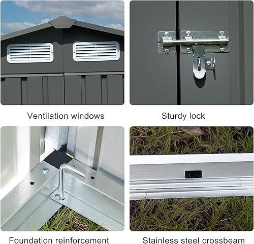 Miniatura 5 de Cobertizo de almacenamiento de metal para exteriores de 6 x 4 pies, cobertizo de jardín con puertas con cerradura, cobertizo de metal al aire libre