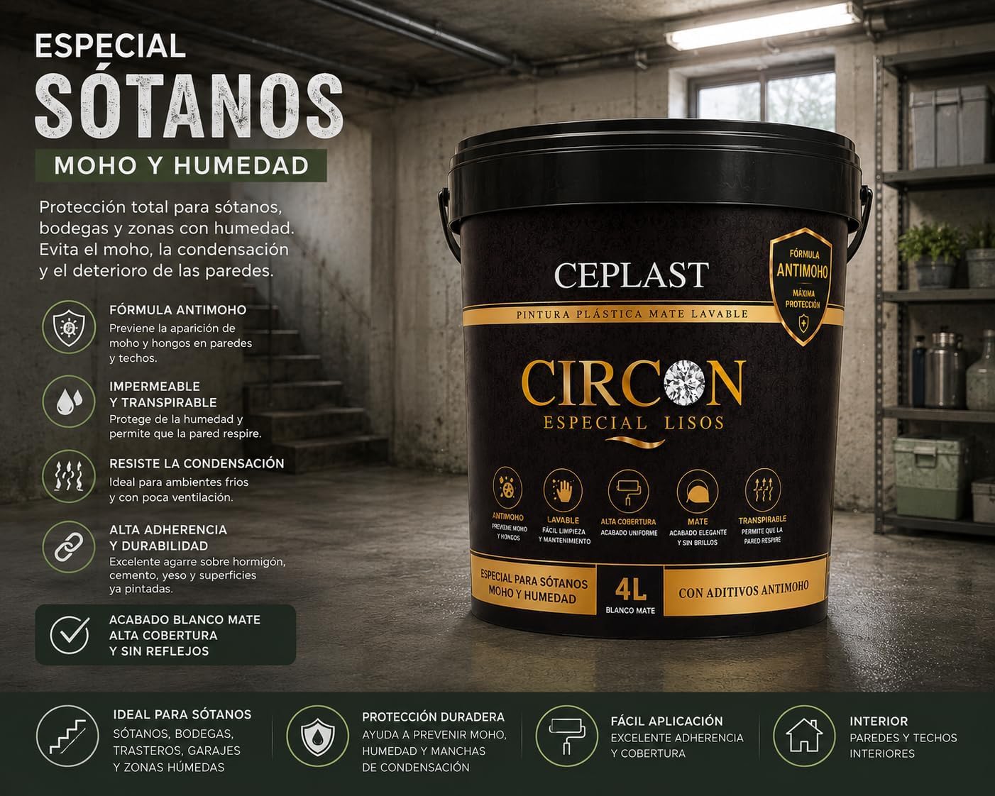 Kit Pintura Antimoho y Antihumedad Interior/Exterior Acabado Seda – Alta Cobertura, Sin Olor, Base Agua – Incluye Rodillo, Cubeta, Paletina 40mm, Cinta y Papel Kraft – Pintura Blanca Profesional