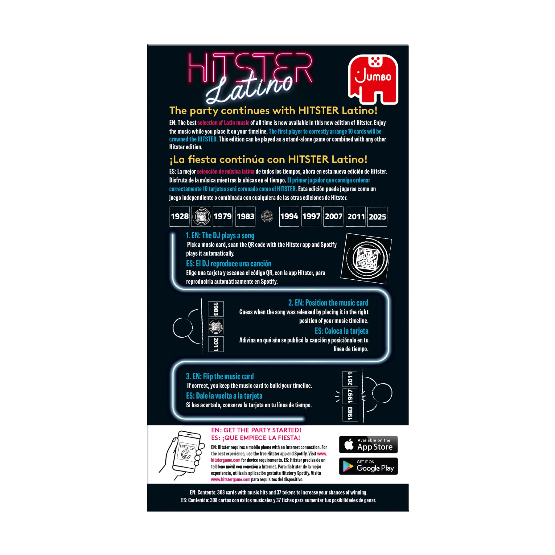 Jumbo Hitser Lateinisches Spiel, lustiges Musik-Quiz-Kartenspiel, 2-10 Spieler, 300 lateinische Musik-Hits – Ideal für Familienspielabende und Erwachsene (USA Edition)