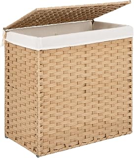 StorageWorks 110L Wicker Laundry Hamper with Lid, 2 Section Wicker Laundry Basket, Large Basket for Dirty Clothes, Hamper with Washable Linen Liner