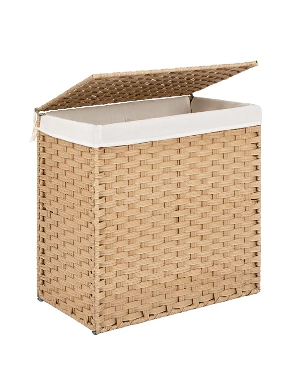 StorageWorks 110L Wicker Laundry Hamper with Lid, 2 Section Wicker Laundry Basket, Large Basket for Dirty Clothes, Hamper with Washable Linen Liner by StorageWorks - Used condition - US$53.48