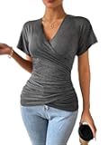 Women's Deep V Neck Cross Wrap Shirts Ruched Drape Slim Fitted Short Sleeve Tops Basic Going Out T Shirts