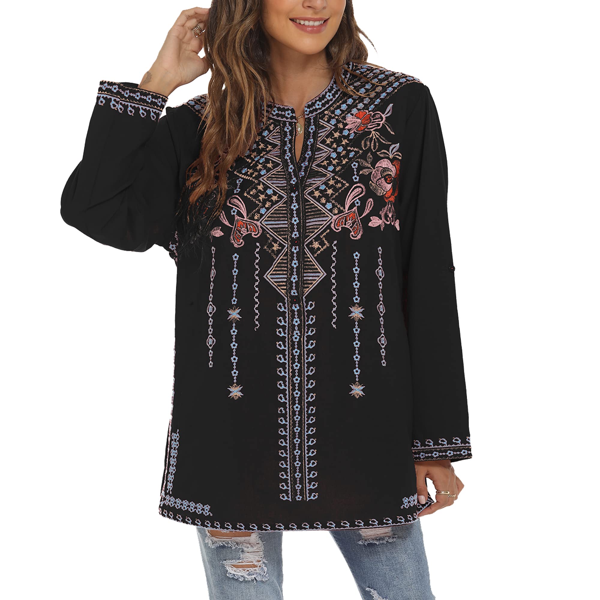 GrosyBoho Embroidered Long Sleeve Tunics Shirts for Women Mexican Peasant Blouses Ethnic Bohemian Floral Tunic Tops