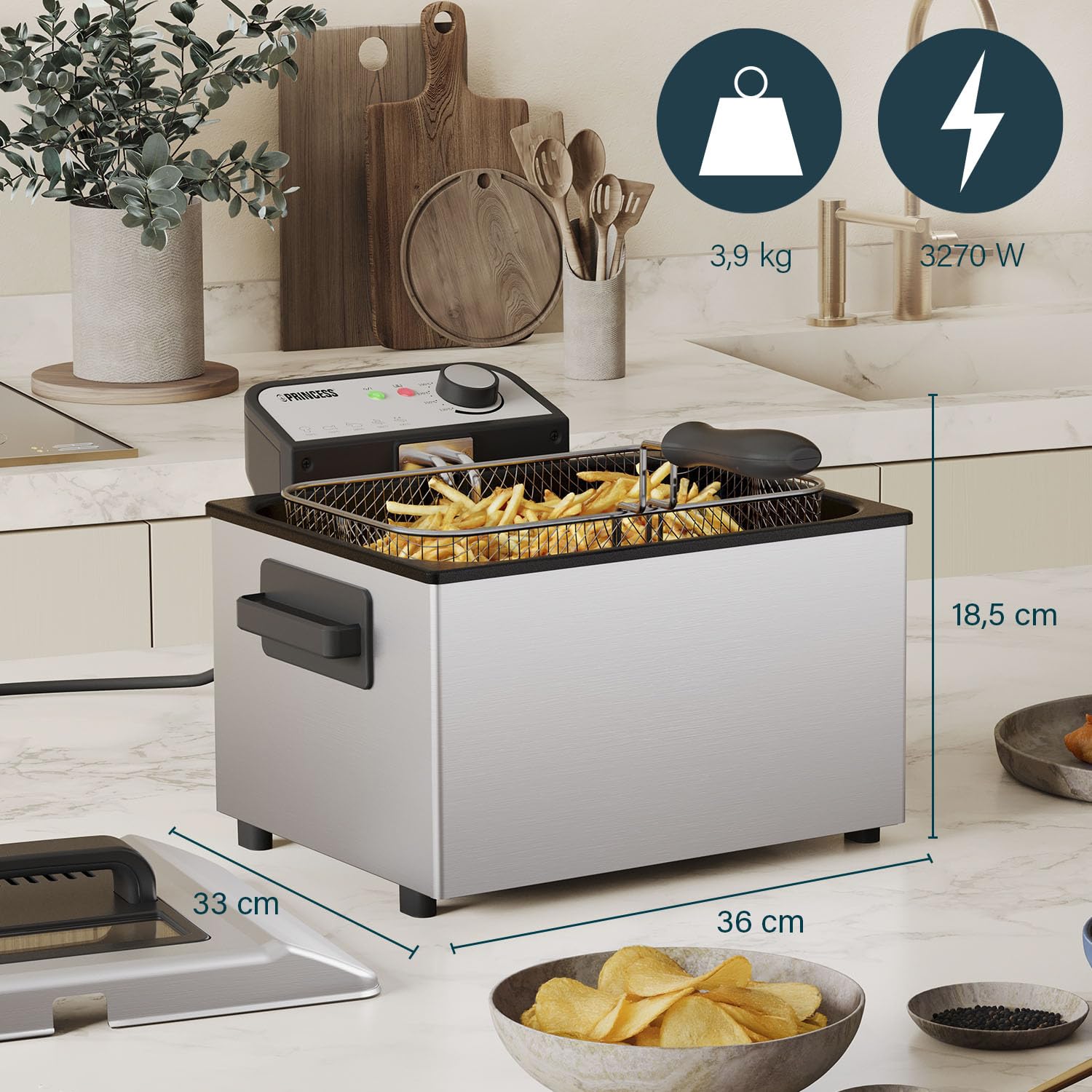 Princess Freidora, 5 litros de capacidad, 3270 W, tecnología de zona fría, ventana de visualización, acero inoxidable, doble termostato, fácil de limpiar, piezas desmontables, 01.184090.01.001