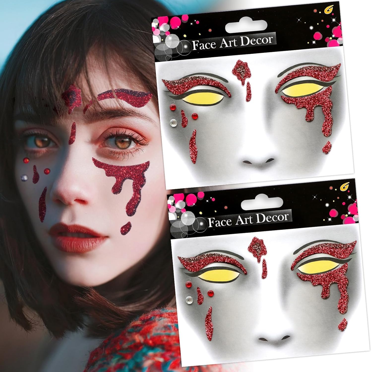 2 Stück Face Art Aticker, Halloween Tattoo Gesicht Karneval, Temporäre Gesichtstattoo, Glitzer Gesicht Aufkleber, Temporäres Tattoo für Halloween, Karneval, Fasching, Maskerade, Motto Partys (L)