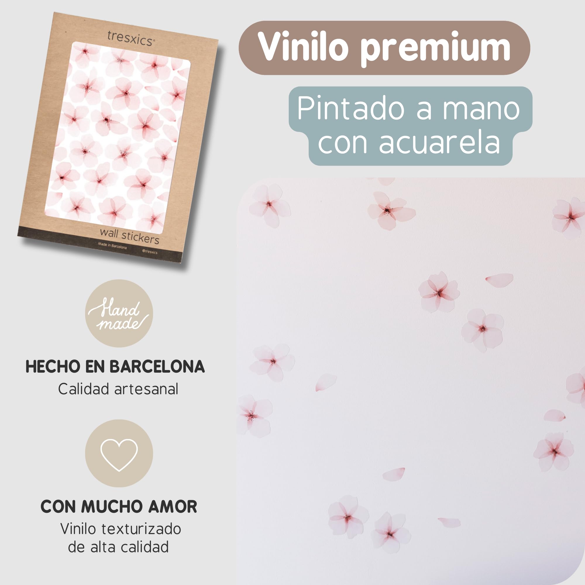Pegatinas Pared Decorativas Flores Acuarela | 4 Láminas, 72 Flores y 60 Pétalos | Vinilo Adhesivo Pared | Efecto Papel Pintado | Cubre 6 m² | TRESXICS (Rosa)