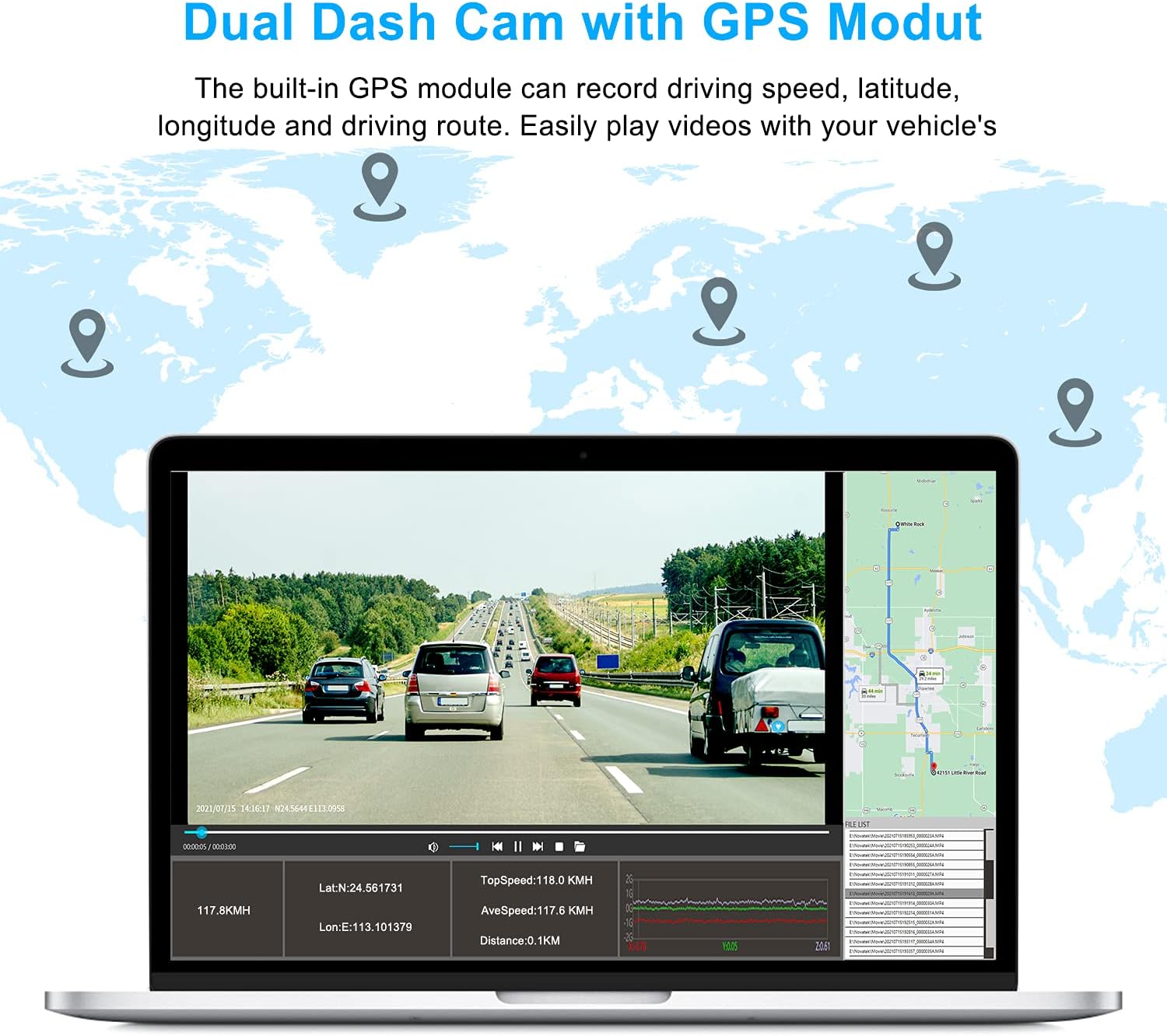Dash cam GPS tracking feature displayed on a laptop