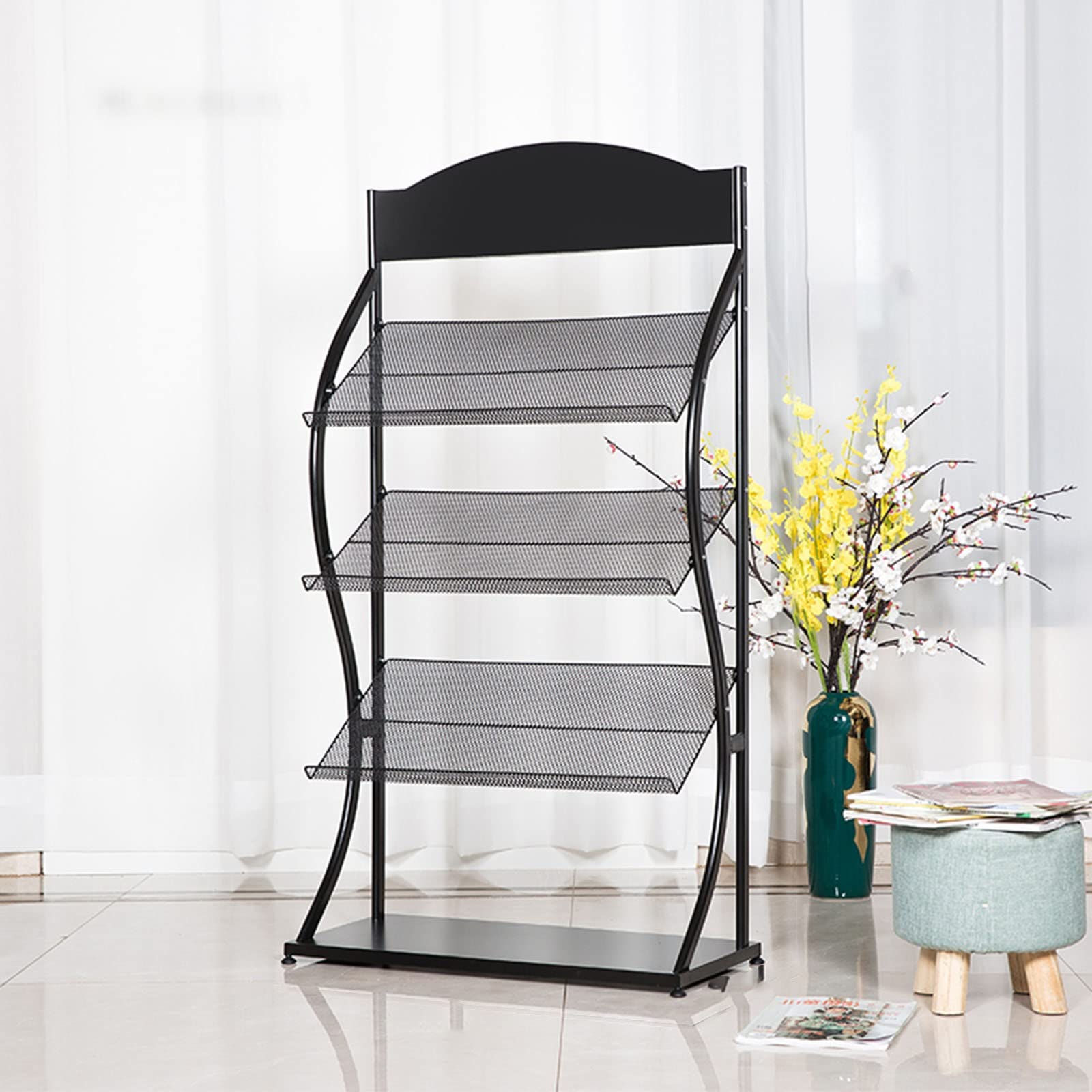 GRRICEPL Porte-revues Au Sol, Présentoir De Brochure Détachable avec roulettes, Porte-journaux À 3 Couches, pour Expositions, Centres Commerciaux, Bureaux (Couleur : White, Taille : 48x39x110cm