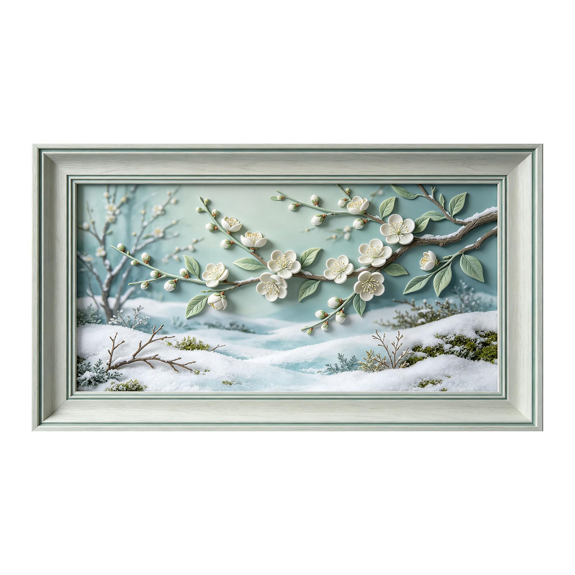 Murasolite 3D Framed Wall Art Winter Snow Scene Plum Blossom Branch Oil Painting Style SelfAdhesive Fabric Mural Wall Decor,No Damage to Wall,AntiFall Safe Design for Bedroom Living Room