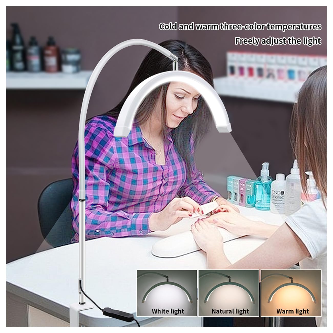 ayex LED Bogenleuchte Tischlampe mit Klemme dimmbar 3200K–5600K 1400 Lumen flexibel drehbar augenschonend für Kosmetik Nageldesign Tattoo Studio HD-P3 weiß