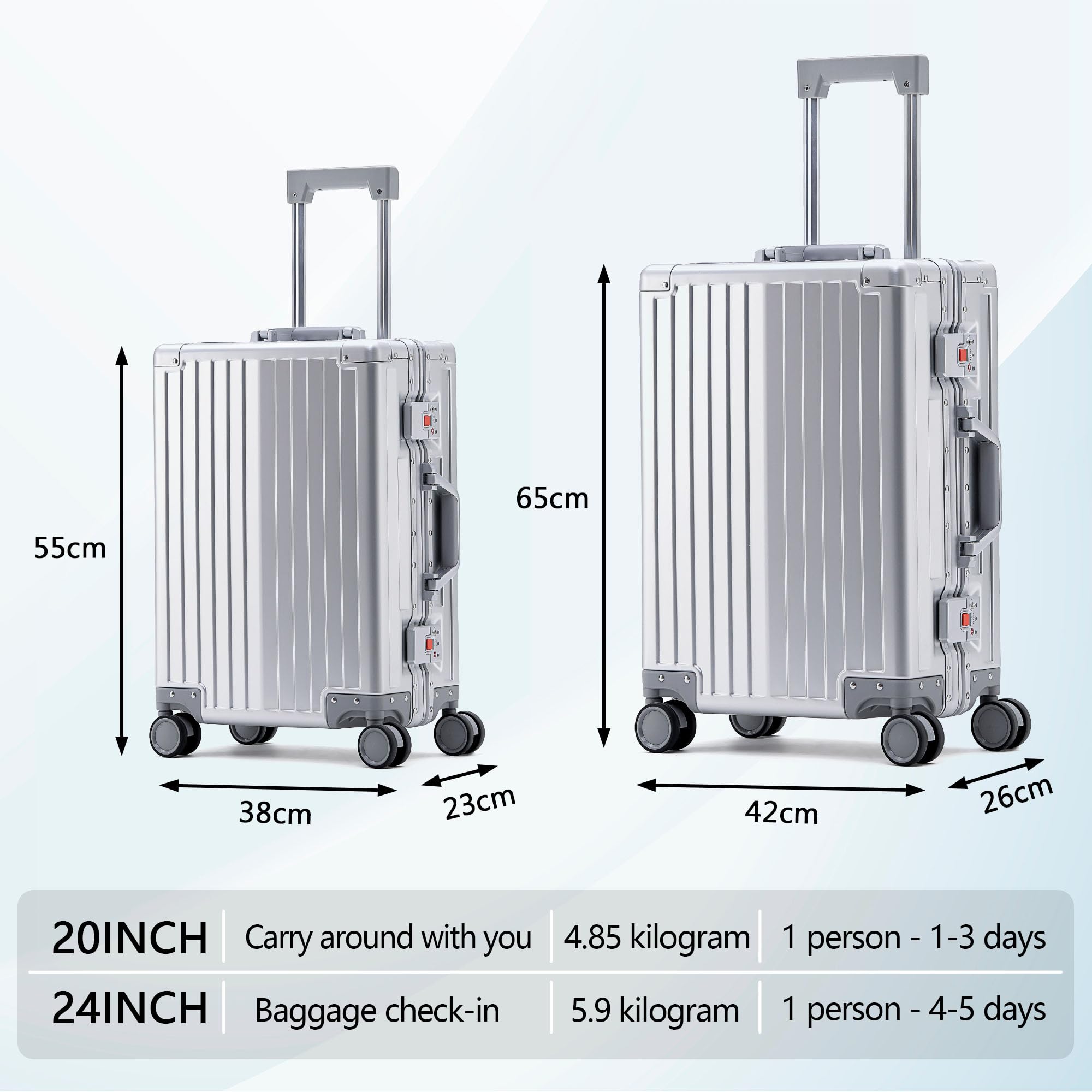 Simcat - Equipaje de mano de aluminio con ruedas giratorias, aprobado por aerolíneas, ligero, con candado TSA y ruedas silenciosas, carcasa dura, para viajes de negocios, Silver, 20in/55cm,36L