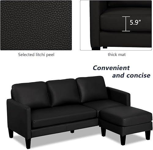 Miniatura 13 de Grepatio Sofá modular convertible, sofá en forma de L de 3 asientos con tela de lino moderna para espacio pequeño y sala de estar (negro) Negro -,Pu