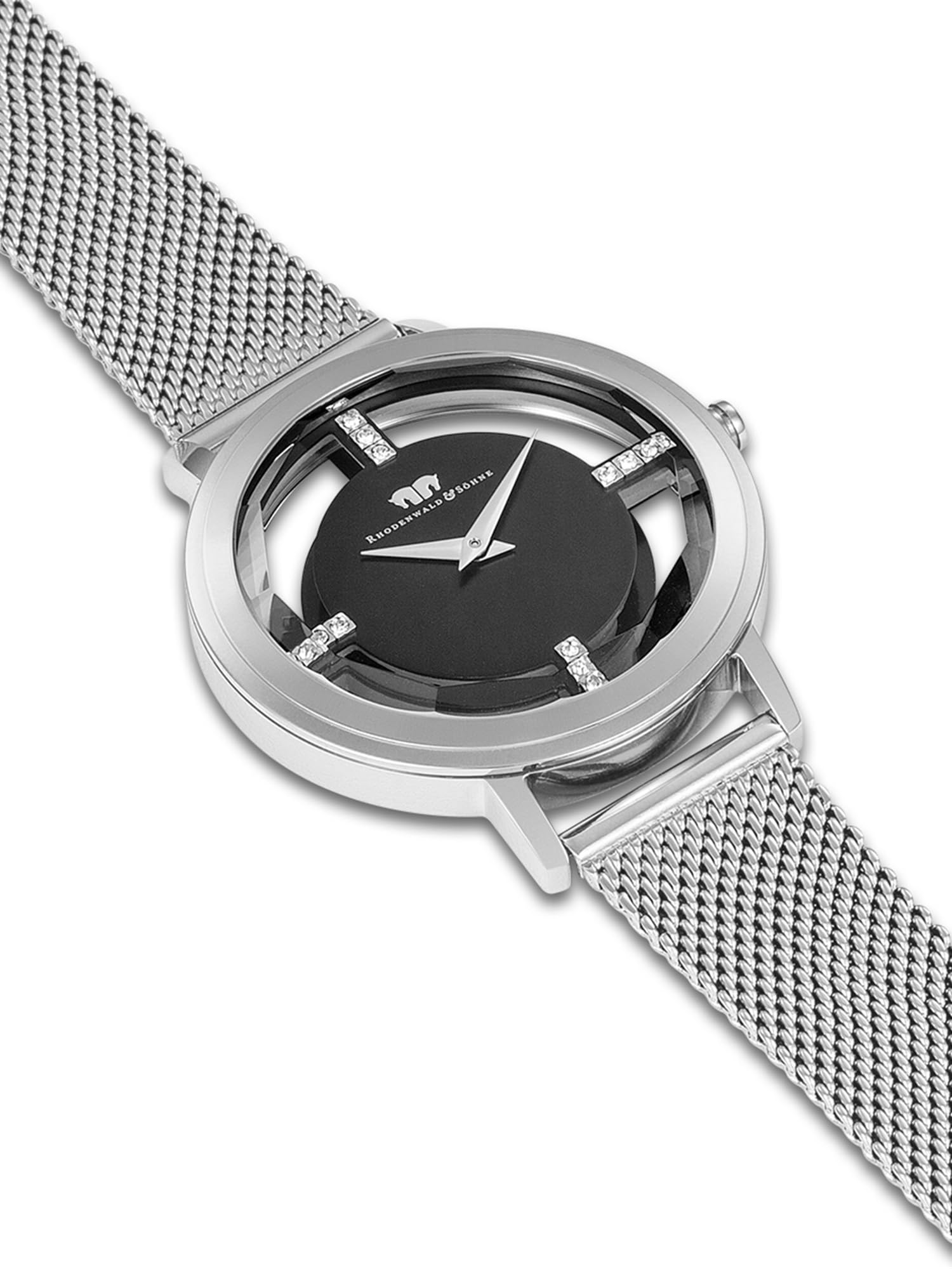 Rhodenwald & Söhne Damen Uhr analog Japan Quarzwerk verziert mit Kristallen 3 ATM Milanaisearmband Edelstahl Silber Fashionuhr Skeletonoptik 10010416