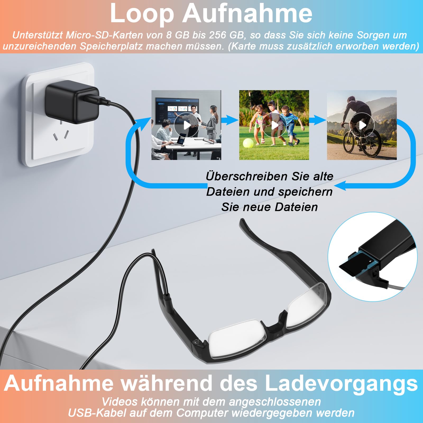 Mini Kamera Brille, Brillen Action Kamera, 1080O HD Kleine Sportkamera Action Cam Tragbare Actionkamera Mikro Videokamera Foto/Video Aufnahmen für Outdoor Aktivitäten Radfahren, Wandern