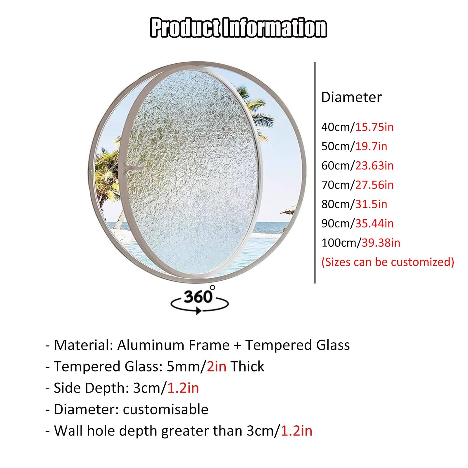 ZXFDMSWJ Fenêtre Ronde pivotante en Verre trempé, diamètre 40-100 cm, pour Salon et Salle de Bain (50 cm/19,7 Pouces)
