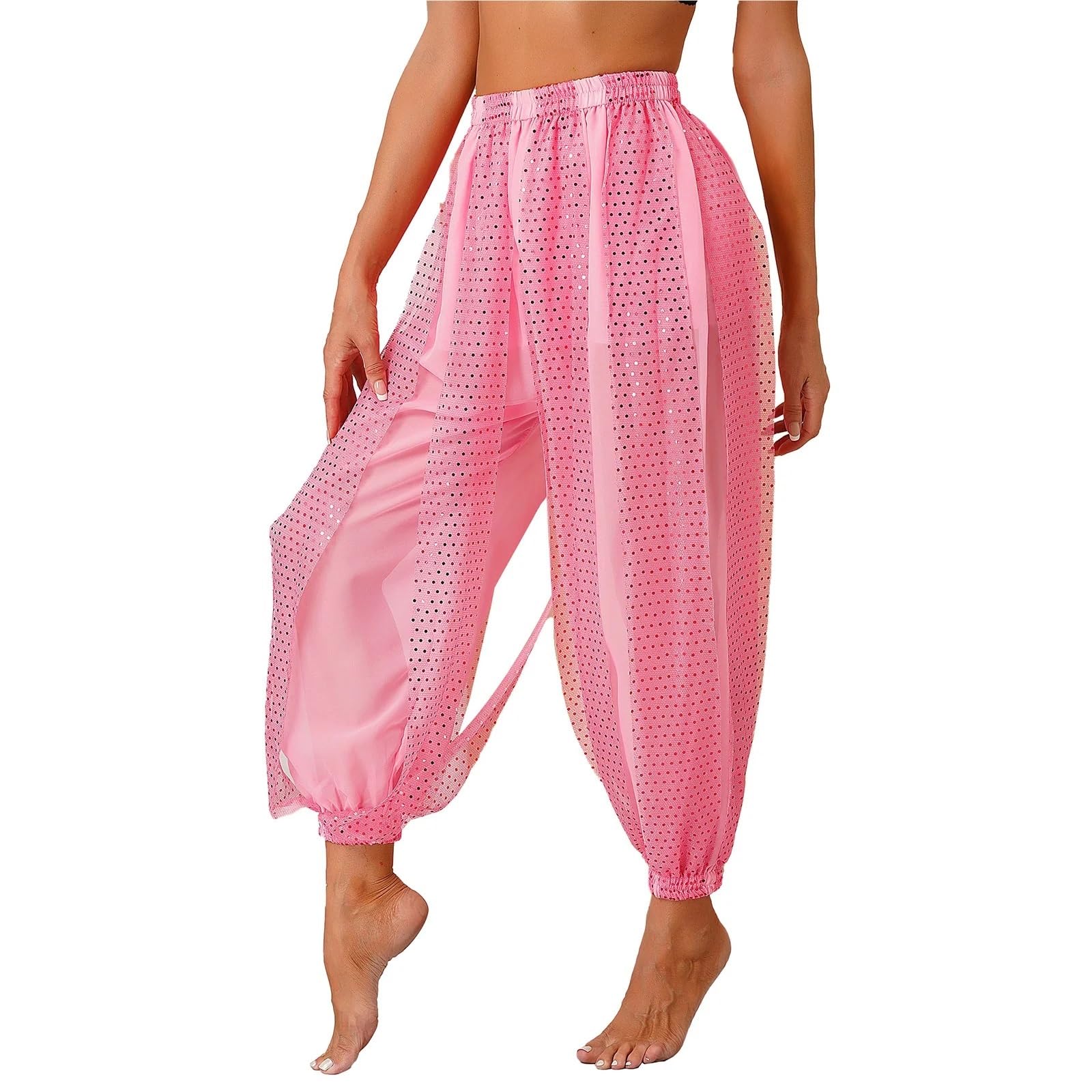Frauen Bauchtanz Münzen Laterne Hosen Seite Split Pailletten Glänzende Harem Erwachsene Kostüm