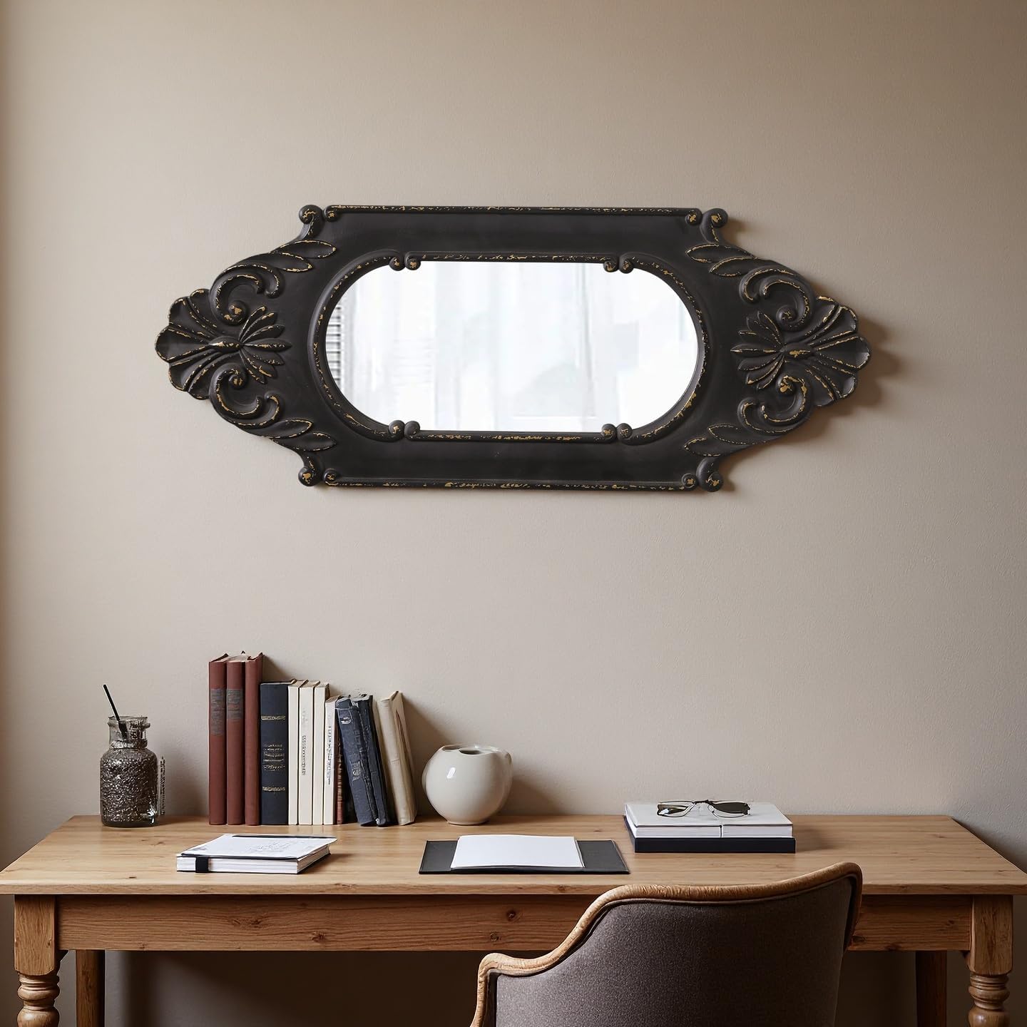 Vintage Black Gothic Mirror 15 X 38 Inch, Hanging Distressed Floral Carved Wood Frame Antique Oval Narrow Mirrors for Wall Decor Living Room Entryway Hallway, Horizontal or Vertical