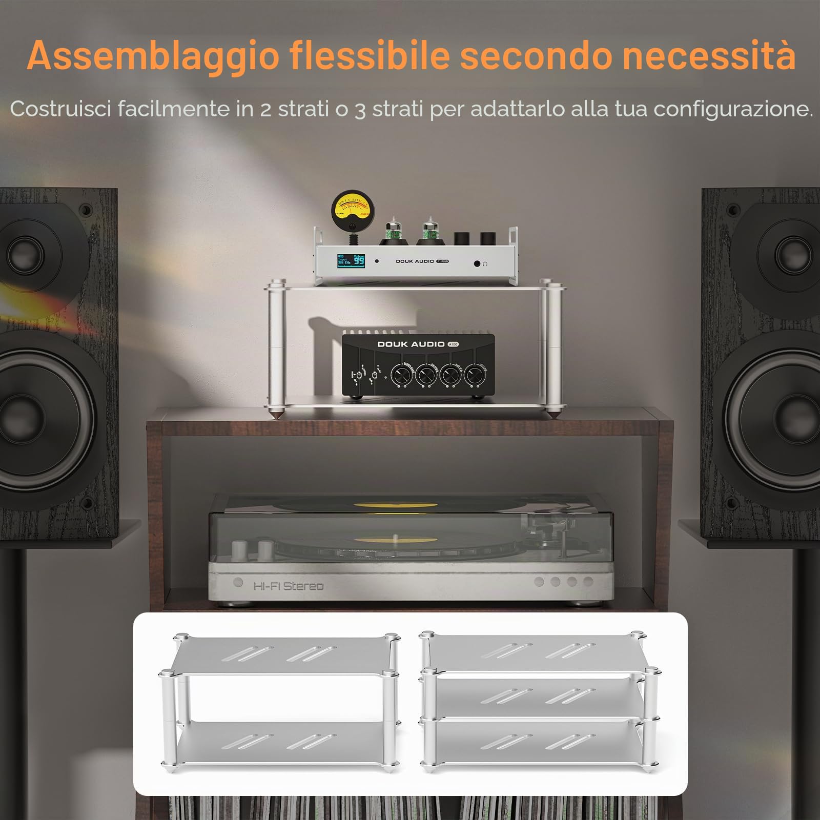 Douk Audio Multistadio Amplificatore Rack: stabile supporto audio per home theater, componenti HiFi e AV, supporto audio Rega, supporto ventilato per apparecchiature da studio e audio (alluminio)