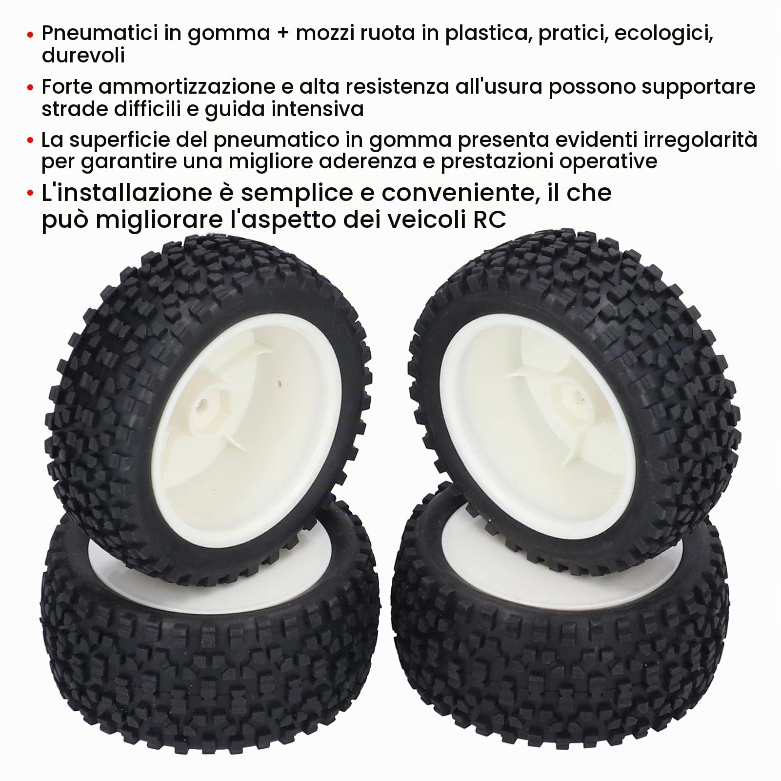 Set 4 Pezzi Pneumatici RC 1/10, Ruote in Gomma per Auto da Corsa e Buggy Telecomandati, Mozzi Ruota ad Alta Resistenza, Sostituzione Professionale per Modellismo, Grip Ottimale, Nero