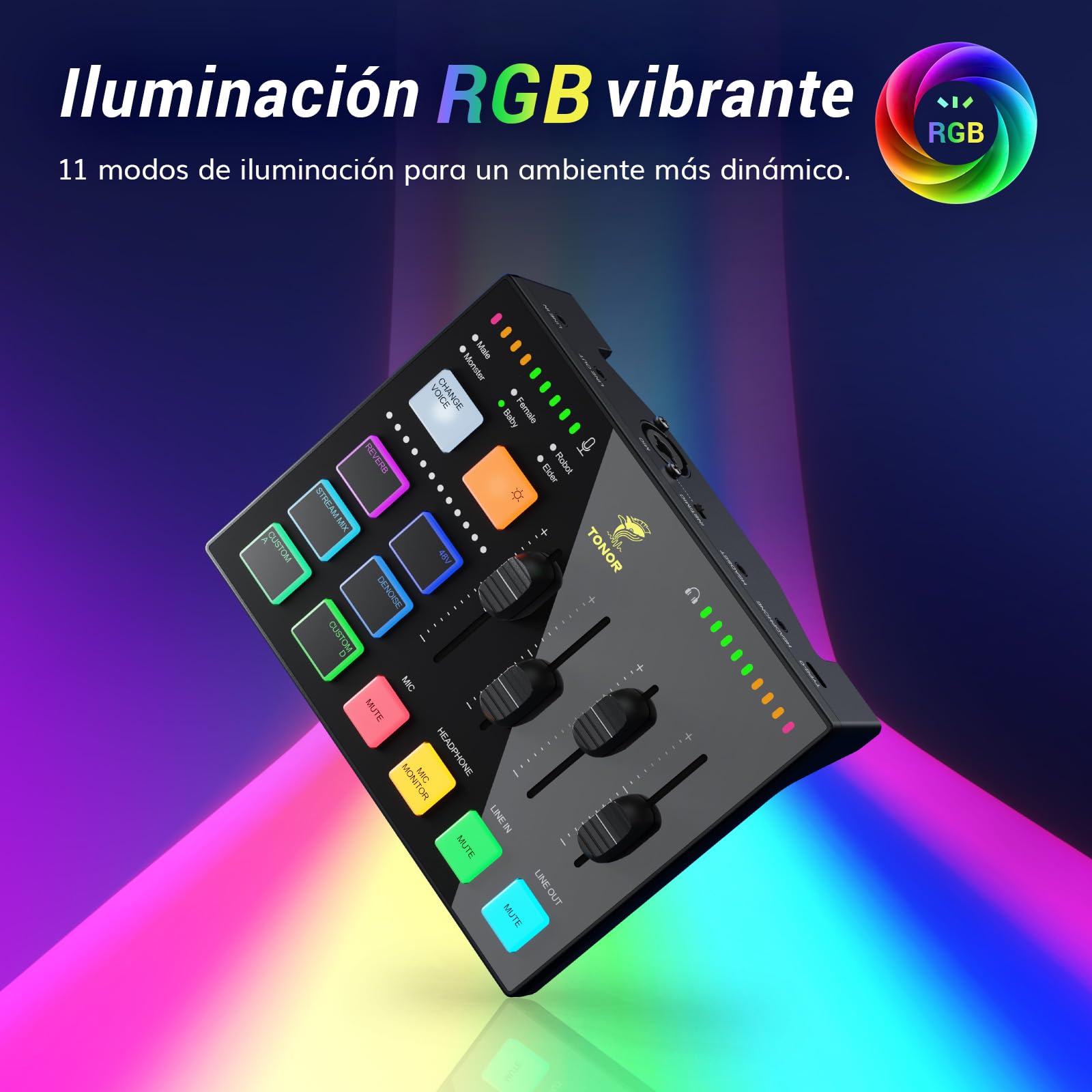 TONOR Gaming Audio Mixer PC, Mezclador RGB con Canal XLR y 6,35 mm para Streaming, Podcast, Grabación, Interfaz de Audio para TikTok, YouTube, Twitch, Control de Volumen Individual, Botón de Silencio